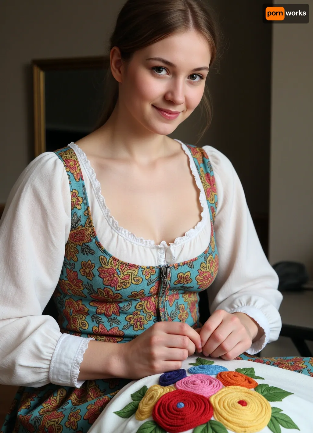 Photorealism, photorealistic, realistic, {A 36-year-old woman from the 19th century, dressed in a modest dress of that era, embroidering a towel, (double exposure), (picture within a picture), with bright patterns, (bright, voluminous three-dimensional flowers), consisting of multicolored threads, in, (the process of embroidering), (holding a thin embroidery needle in her hand), making a stitch on the towel, }, highly detailed, ultra-realistic, cinematic lighting, 8K