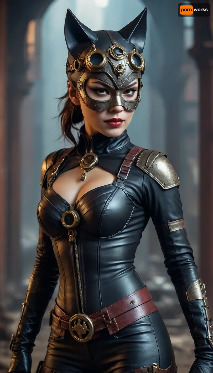 Asian steampunk Catwoman, from a post-apocalyptic world, and mask.