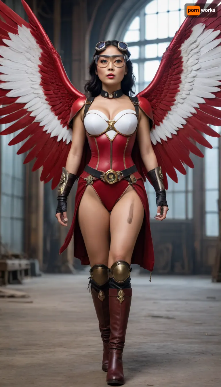 Full body view, An Asian woman, a steampunk, crimson commit 1950s Australian superhero from a post-apocalyptic world, has large white wings, and goggles and big tits.