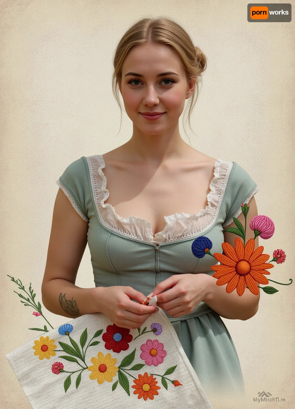 Photorealism, photorealistic, realistic, {a 36-year-old woman from the 19th century, dressed in a modest dress of that era, embroidering a towel, (double exposure), (picture within a picture), with bright patterns of, (vibrant, three-dimensional flowers), (consisting of multicolored threads), in the process of embroidering, (holding a needle for hand embroidery in her hand), making a stitch on the towel, }, highly detailed, ultra-realistic, cinematic lighting, 8K