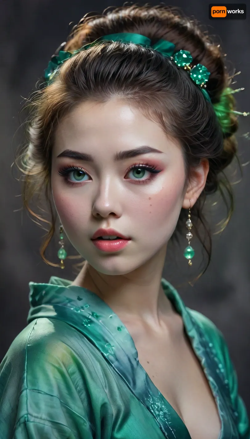 watercolor inspiration, side view, interesting angle, gray background, fluffy neon transparent Miss Obizhulka, funny sparkling emerald very sad eyes, puffs out huge cheeks, depressed, fflix-geisha, <lora:ahxl_v1:2>, <lora:Fflix-Geisha:2>