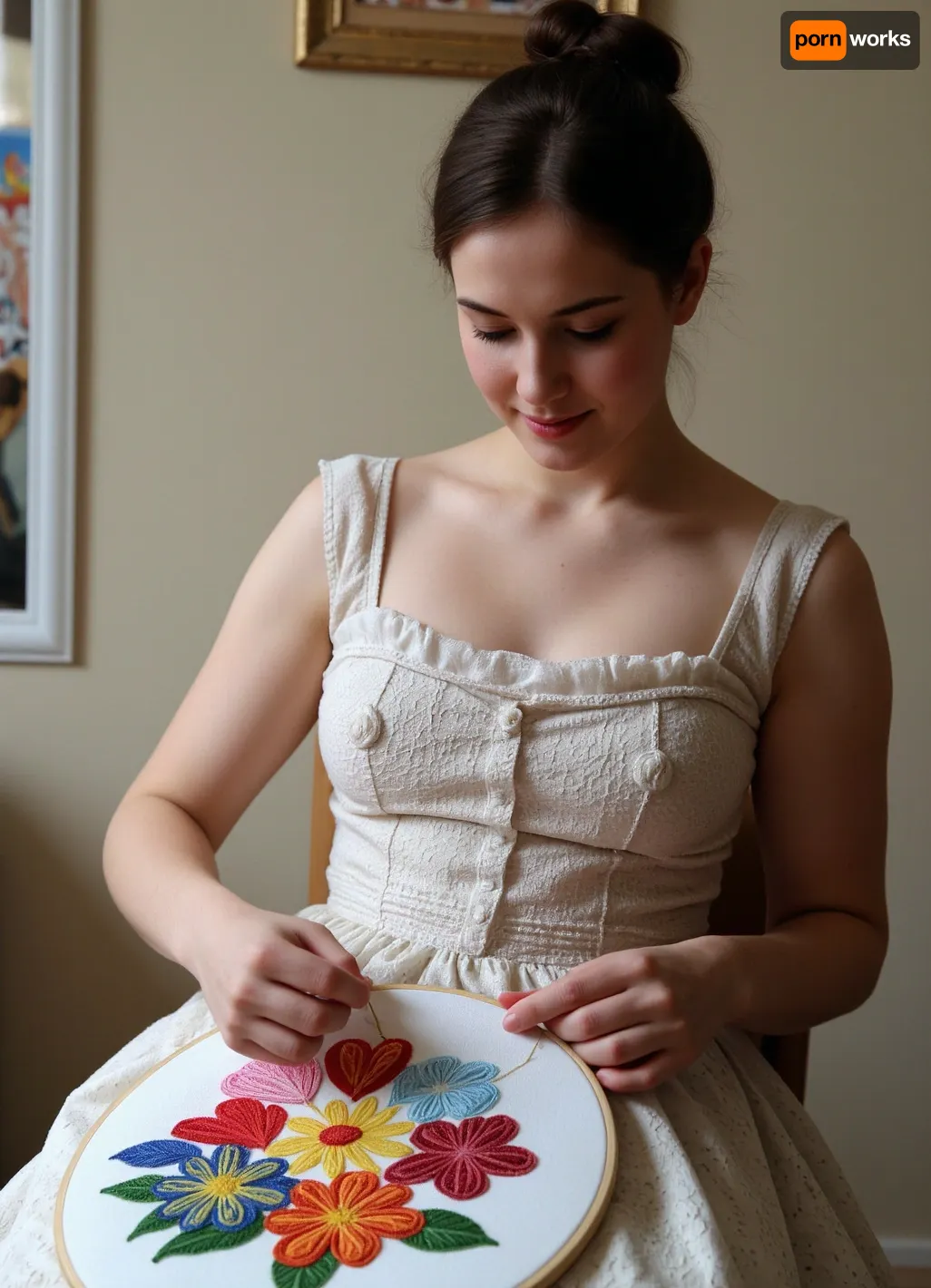 Photorealism, photorealistic, realistic, {a 36-year-old woman from the 19th century, dressed in a dress from that era, embroidering a towel, (double exposure), (picture within a picture), with bright patterns of vivid, three-dimensional flowers, (consisting of multicolored threads), in the process of embroidering, (holding a needle for hand embroidery in her hand), making a stitch on the towel, }, highly detailed, ultra-realistic, cinematic lighting, 8K