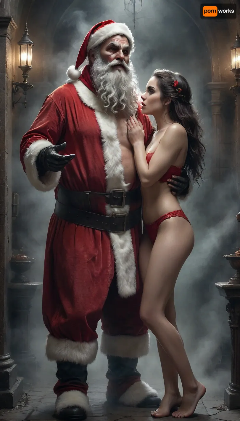 In a dimly lit, smoke-filled room of an ancient castle, a deranged figure resembling, (a standing brutal and demonic Santa Claus:1.4), (hands holds a gift to a 20 years old woman. His eyes are wild with madness as he gets an perfect blowjob:1.2), and his weathered face is captured in meticulous detail, from the intricate lines of his skin to his unkempt beard. He wears the classic red Santa outfit with plush, white fur trim and black gloves, adding to the eerie ambiance. The skinny woman, dressed in a short, white silk nightgown, kneels an sucks with passion cock, her expression and delicate features rendered in high resolution. The scene captures the tense interaction between the two, emphasizing the unsettling atmosphere and the detailed anatomy of both characters, (ziprealism:1.3), ultra-sharp details, realistic skin texture, refined contrast, 8k detail, authentic facial expression, clean composition, (maximum photo quality:1.4), (maximum resolution:1.5), longnips, Black, and, white, art, black, shading, charcoal, toned, brutal, dark, b/w, color, scheme, <lora:Cloudy_Style:.8>, <lora:Black and white art.V1:.8>, <lora:Italian_girl:.8>, CUM, DONATION, ASSISTANCE, FELLATIO, TITS, SEX, HANDJOB, FOOTJOB, AFTER, VAGINAL, <lora:CUM DONATION ASSISTANCE:.8>