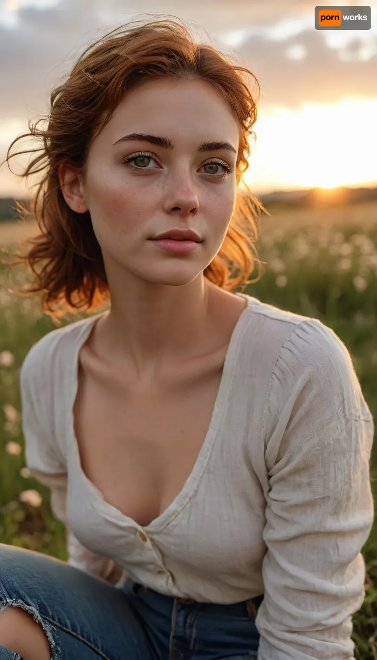 A beautiful English woman, In a Yorkshire flower meadow, “she is sitting and resting her, [chin/ head/ face], on knees”, “The scene is bathed in the warm golden hues of a breathtaking, (((sunset))), ”, (perfect face:1.5), (perfect nose:1.5), she is, (fully clothed), she wears a short, old, loose top and grey low slung jeans. short auburn hair blowing in the breeze, light freckles and moles, sun-kissed skin, tan lines, smooth skin, 29 years old looking at the camera. hair follicles are visible, auburn hair tied back into a loose bun, she looks lovingly at the person behind the camera. The camera is at ground level. knees on the ground, She has small breasts. “Small breast, flat chested, She has a cute face with small facial features. Fully clothed. style, Clouds, Cloudy, Sunset, sky, clouds, <lora:Midjourney Image Enhancer XL v1:1.7>, <lora:detailed_notrigger:1.1>, <lora:Realistic_SkyClouds_v2-000006:2>, <lora:Her_Eyes:1.4>, <lora:Detailed_female_hands-000001:.8>