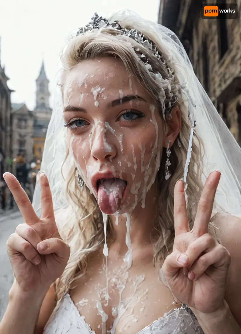 UHD 8K, cinematic masterpiece, maximum quality, maximum details, maximum realism, (bride), (blowjob face:1.5), (half open eyes:1.3), excessive cum on chin, (excessive cum in mouth), (cum leaking from nose), (((excessive cum in hair:1.3))), (((dynamic side angle view))), smeared makeup, running eyeliner, tongue out, (((both hands peace sign)))