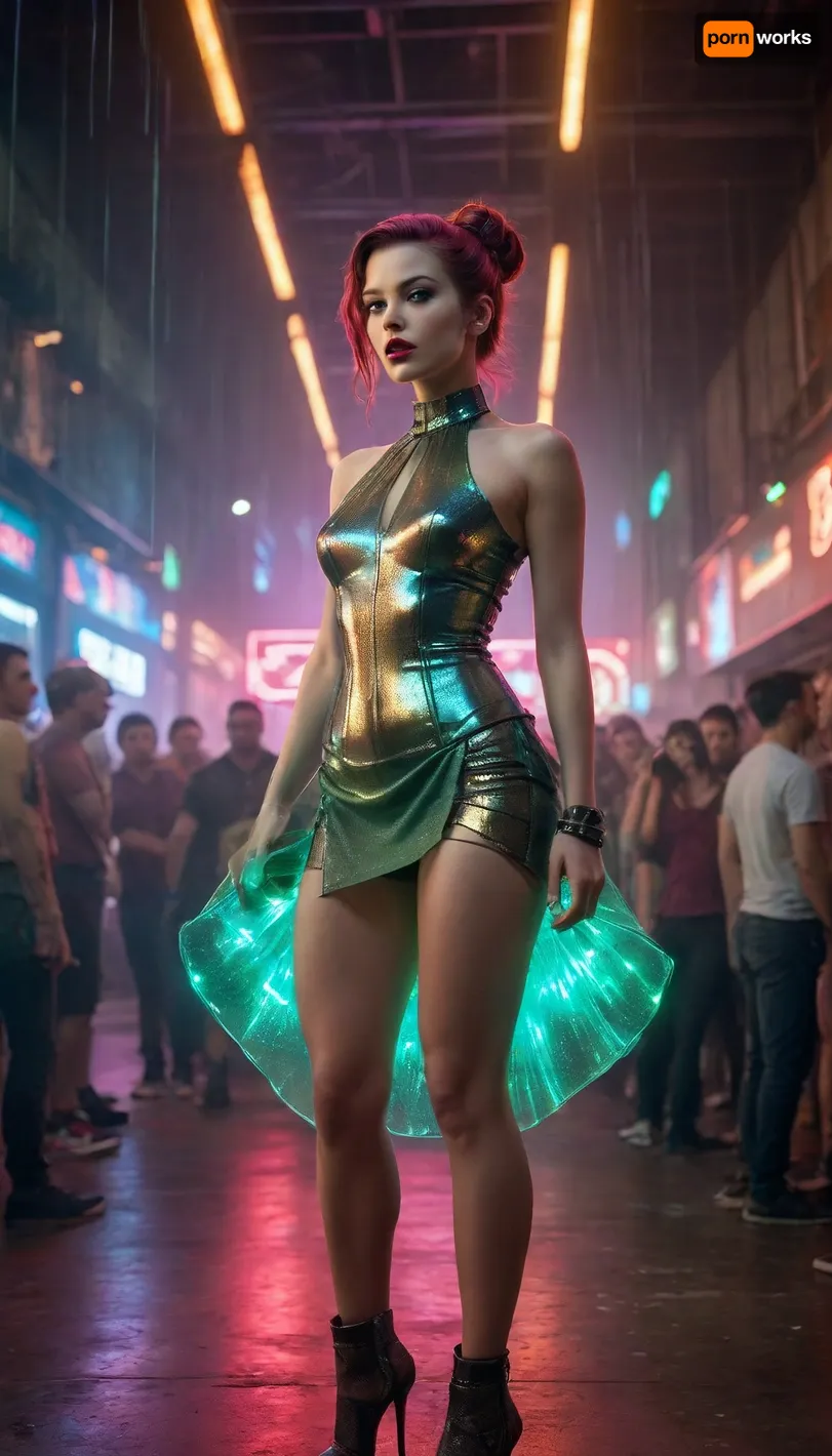 view from front, top half of woman body, A striking female secret agent stands as the unmistakable focal point amid a wild, cyberpunk rave in a dystopian megacity nightclub. The chaotic crowd thrashes around her—cyber-enhanced dancers, masked ravers, neon-painted rebels, and augmented mercenaries lost in the frenzy of pounding bass and strobing lasers. Vibrant holograms glitch above the dance floor, spraying neon shards through the air, while malfunctioning LED walls flicker violently. The atmosphere is explosive—riot-level energy, bodies in constant motion, electric haze, and fractured neon illuminating everything.

Yet she remains the dominant subject, sharply in focus and glowing with a powerful, commanding presence.

Her outfit is a dazzling high-tech spectacle, a champagne high-neck top and sage-green skirt woven from unstable nanofiber threads that erupt with intense, surreal bursts of prismatic light. The corrupted-circuit patterns across the fabric pulse like a living data stream, casting razor-sharp flares that slice through the darkness. Her metallic gold micro-thruster heels spark with light as she moves. Butterfly earrings and a long pearl necklace glow with encrypted surveillance holograms—covert spy tech disguised as fashion. Her hair is in a sleek tactical updo, and her bold red lips stand out against her controlled, vigilant expression.

The rave around her spirals into pure mayhem—strobe bursts, laser nets cutting through haze, drones scanning the crowd, dancers vaulting off broken platforms, sparks raining from collapsing holo-projectors. Despite the chaos, she dominates the frame, her radiant, chaotic light carving out a visual bubble around her. She is the calm, deadly center of a storm of cyberpunk madness—an operative on the edge of confrontation in a world losing control