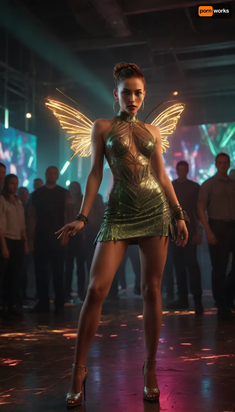 A striking female secret agent stands as the unmistakable focal point amid a wild, cyberpunk rave in a dystopian megacity nightclub. The chaotic crowd thrashes around her—cyber-enhanced dancers, masked ravers, neon-painted rebels, and augmented mercenaries lost in the frenzy of pounding bass and strobing lasers. Vibrant holograms glitch above the dance floor, spraying neon shards through the air, while malfunctioning LED walls flicker violently. The atmosphere is explosive—riot-level energy, bodies in constant motion, electric haze, and fractured neon illuminating everything.

Yet she remains the dominant subject, sharply in focus and glowing with a powerful, commanding presence.

Her outfit is a dazzling high-tech spectacle, a champagne high-neck top and sage-green skirt woven from unstable nanofiber threads that erupt with intense, surreal bursts of prismatic light. The corrupted-circuit patterns across the fabric pulse like a living data stream, casting razor-sharp flares that slice through the darkness. Her metallic gold micro-thruster heels spark with light as she moves. Butterfly earrings and a long pearl necklace glow with encrypted surveillance holograms—covert spy tech disguised as fashion. Her hair is in a sleek tactical updo, and her bold red lips stand out against her controlled, vigilant expression.

The rave around her spirals into pure mayhem—strobe bursts, laser nets cutting through haze, drones scanning the crowd, dancers vaulting off broken platforms, sparks raining from collapsing holo-projectors. Despite the chaos, she dominates the frame, her radiant, chaotic light carving out a visual bubble around her. She is the calm, deadly center of a storm of cyberpunk madness—an operative on the edge of confrontation in a world losing control