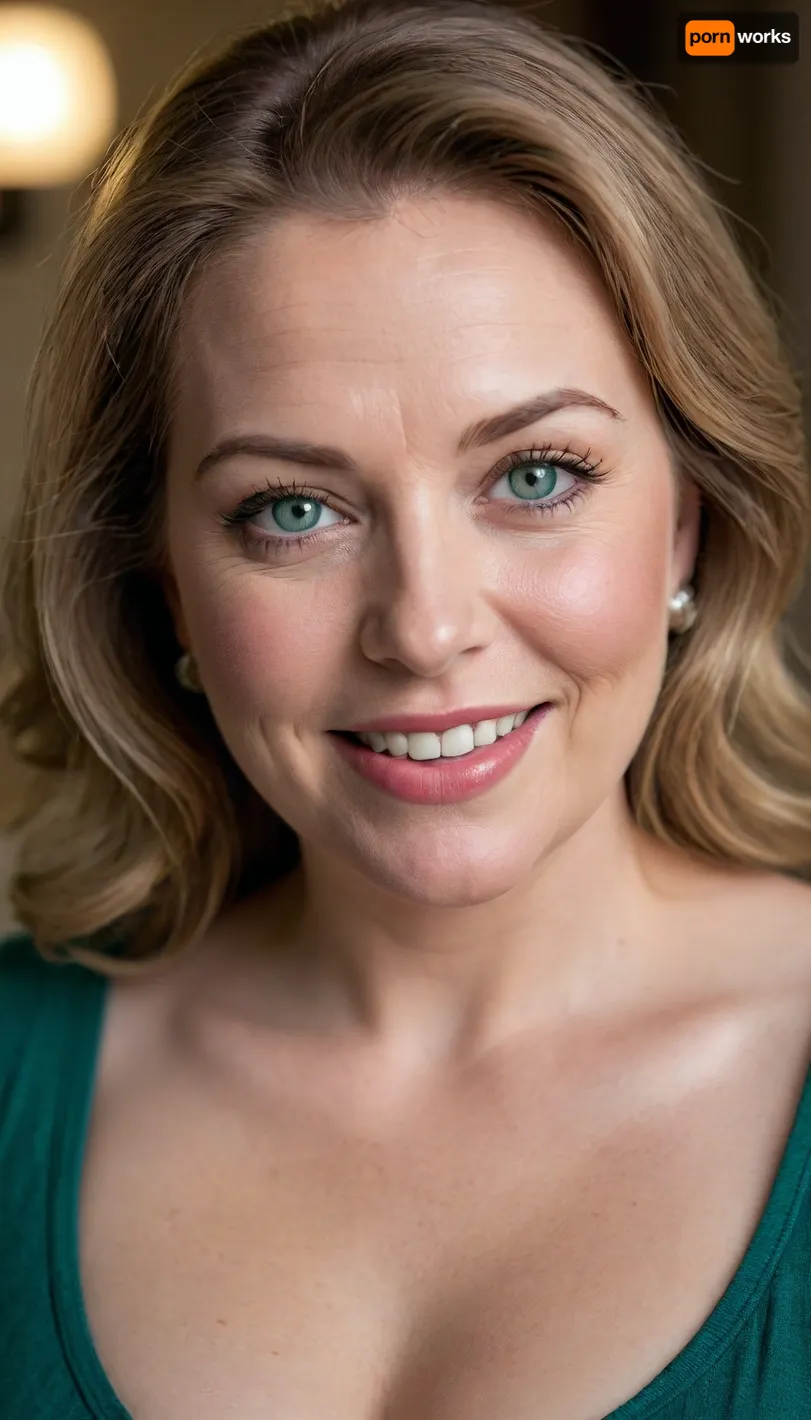 Gilf, Bbw mature woman, 60s, bbw, fat, chubby, obese build, natural curves, shoulder-length light brown hair, fair warm skin, upper body portrait, deep green v-neck top with cleavage, natural bust, soft mature drop, realistic bosom shape, soft belly contour, chubby cheeks, big lips, full lips, big smile, pretty teeth, faint lines, wrinkles on face, blue-green eyes, flirtatious gaze, textured skin, photorealistic, 8k, raw photo, detailed skin texture, cinematic lighting, 85mm lens, shallow depth of field