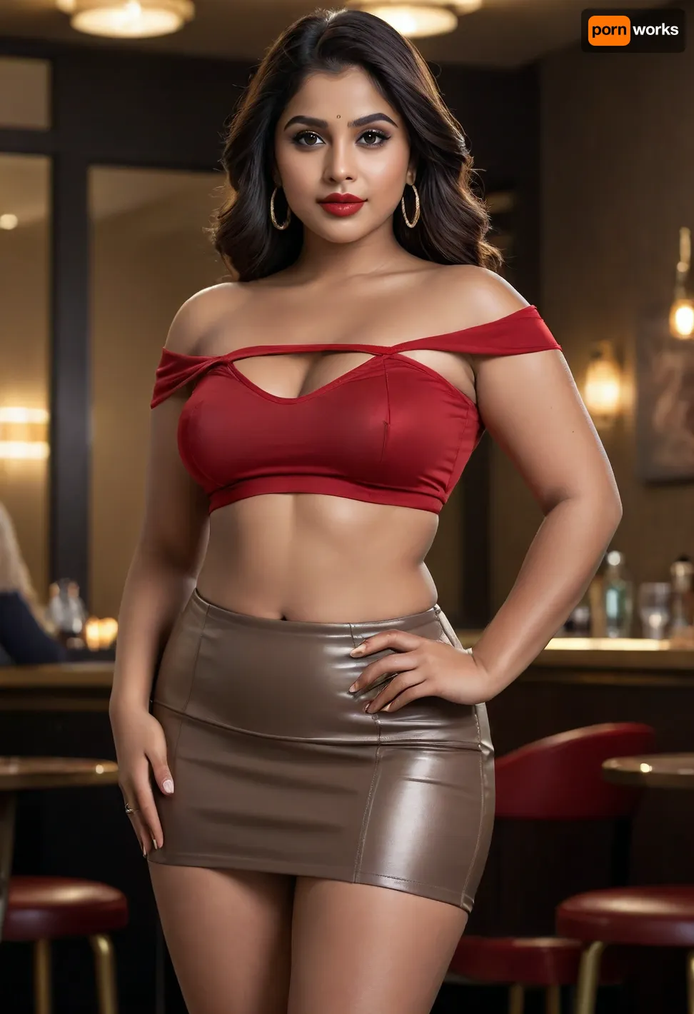((photorealistic image)), gorgeous 18-year-old dark-skinned Indian woman, extra plump and chubby build, extra wide hips, thick thighs, bold ultra-confident club pose, deep S-curve stance, hips pushed slightly to one side, one leg forward with playful knee bend, one hand lifting voluminous hair off shoulder, other hand resting low at waist, sultry over-the-shoulder glance, bright confident smile, body angled to spotlight curves and outfit, strong nightlife energy, wearing sexy modern trendy youthful bold skin-baring crop top with sheer panels and intricate cutouts, high-waisted figure-hugging mini skirt in glossy leather, legs elongated by stiletto heels, sleek minimal accessories, gold jewelry, smokey eye makeup, red lips, head-turning bold seductive vibe, hyperrealistic skin texture, detailed pores, realistic lighting, nightclub atmosphere with dim spotlights, ultra-detailed, 8k, sharp focus, professional photography, (photorealistic:1.3), no artifacts