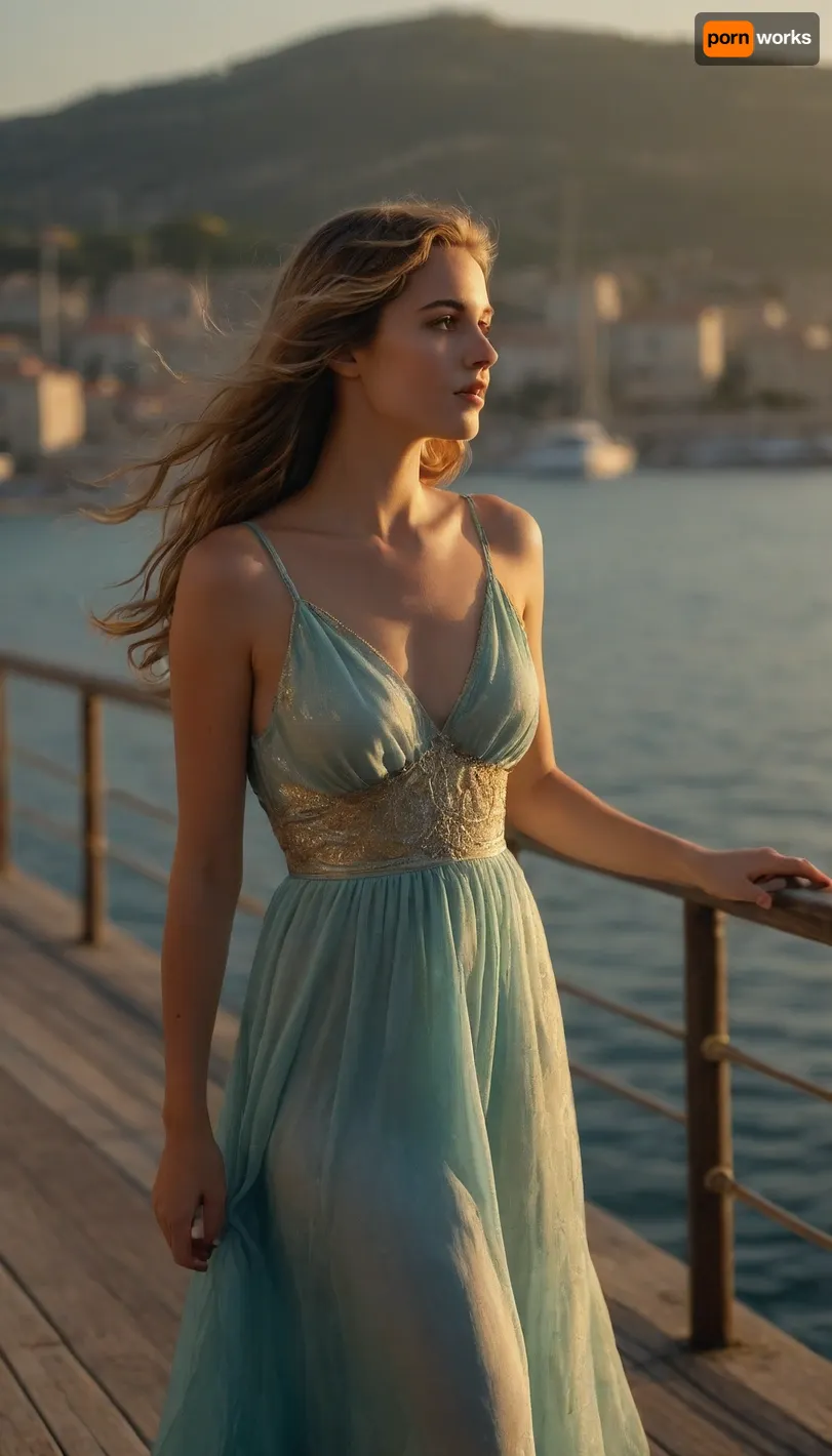 beautiful girl, long, wavy hair shimmering in shades of gold and azure, in light dress billowing in the wind, standing on the pier, admiring the beauty of the world around her and dreaming, early morning in the port of Antibes, serene harbor bathed in the soft light of the rising sun, old yachts sway on the waves, gentle breeze carries the scents of the sea and fresh pastries, atmosphere of morning tranquility, romance