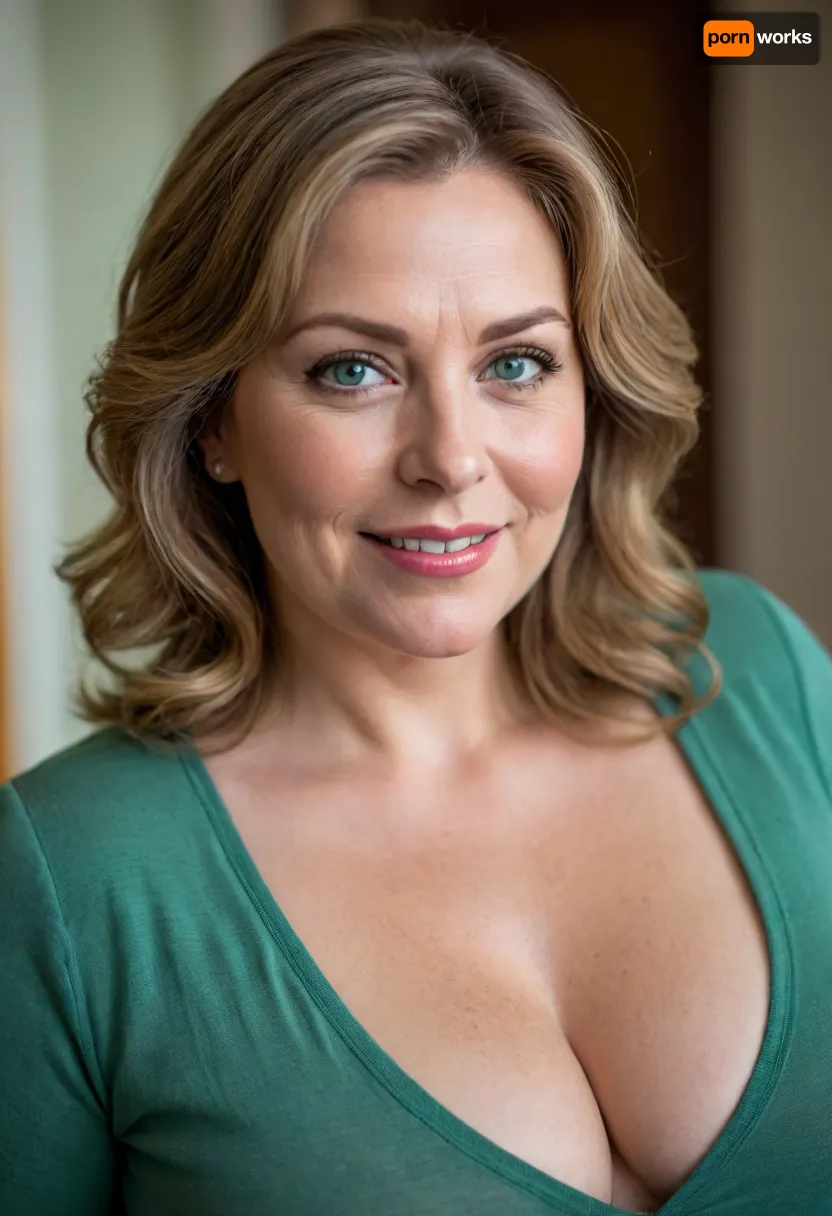 Gilf, Bbw mature woman, 60s, bbw, fat, chubby, obese build, natural curves, shoulder-length light brown hair, fair warm skin, upper body portrait, deep green v-neck top with cleavage, natural bust, soft mature drop, realistic bosom shape, soft belly contour, chubby cheeks, big lips, full lips, big smile, pretty teeth, faint lines, wrinkles on face, blue-green eyes, flirtatious gaze, textured skin, photorealistic, 8k, raw photo, detailed skin texture, cinematic lighting, 85mm lens, shallow depth of field