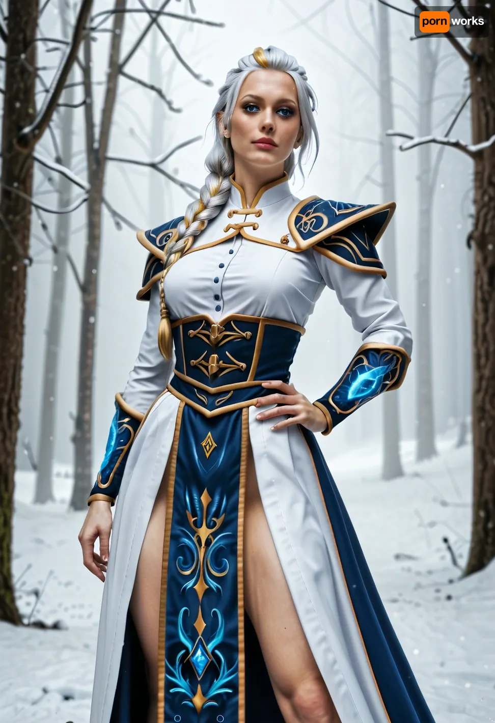 CAMERA, (medium shot), (from below), QUALITY, (photorealistic, ultra-detailed, cinematic fantasy portrait:1.3), CHARACTER, (battle-ready frost mage inspired by Jaina Proudmoore from World of Warcraft:1.3), (fair-skinned woman:1.1), (soft youthful face), (mid-20s appearance), (smooth natural skin), FACE, ((signature face)), ((recurring facial identity)), ((consistently the same face)), (young human woman, mid-20s), (soft feminine facial structure), (oval face shape), (soft jawline and cheeks), (narrow chin), (warm blue eyes, medium size, almond-shaped), straight nose, feminine proportions, (natural lips, medium fullness), (realistic human face), HAIR, ((signature hairstyle)), ((recurring hairstyle design)), ((consistently the same hairstyle)), ((white hair as the primary color)), (single blonde streak framing the front of her face), (streak fixed in position and clearly distinct from the rest of the hair), (hair pulled back tightly from the face), voluminous swept-back front section, hair gathered and secured at the crown, (single thick structured braid trailing behind her), (braid originates from the back of the head), clean, controlled fantasy hairstyle, OUTFIT, ((fully clothed)), ((wearing her signature Kul Tiras mage robe)), ((signature outfit, Kul Tiras mage robe)), ((recurring outfit design)), ((consistently wearing the same Kul Tiras mage robe)), (white fitted corset-style naval mage robe), (white, blue and gold color scheme), (white fitted bodice with vertical buttons), long blue over-robe with gold trim, (open-front robe design over a corset bodice), (light decorative shoulder trim on her left shoulder), leather belt and utility straps, streamlined silhouette

BODY, (Large round ass), natural b-cup breasts, natural breasts, perky breasts, perky nipples, athletic body, toned legs, POSE, (standing in a sexy pose with her hand on her hip:1.2), (conjuring magic frost spell with her hands:1.5), (LOCATION:1), (standing in a snow-covered forest), (snowing), dense evergreen forest stretching into the distance, tall pine trees heavy with snow, (snow-covered ground), (faint snowfall drifting through the air), (light winter mist between trees), cold, quiet, muted winter environment, STYLE
cinematic lighting, soft rim light with cool highlights, ultra-realistic skin texture with natural pores, high-detail fabric stitching, shallow depth of field, fantasy realism, high-quality cinematic still