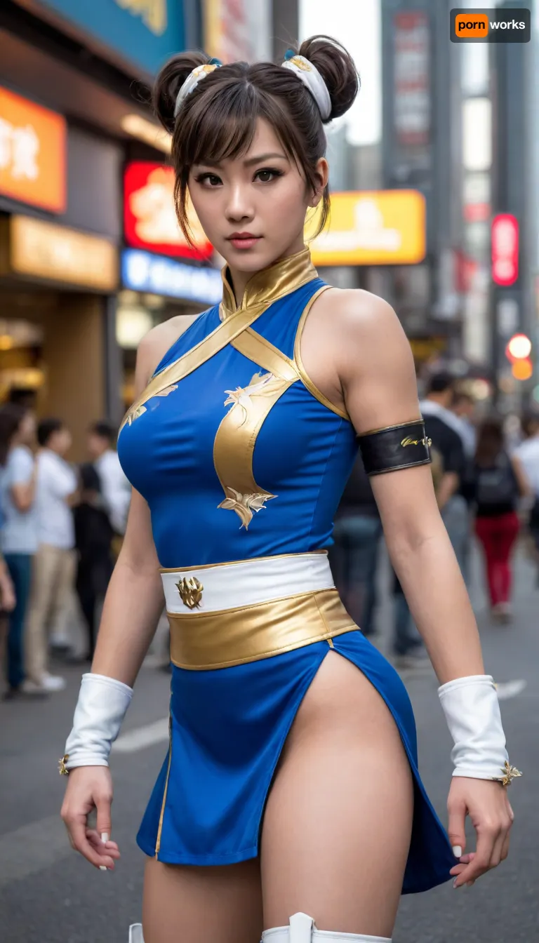 Somewhere in the cosplay area of ​​Harajuku and Akihabara, at a cosplay event, a sexy woman, rendered in realistic and detailed CGI as Chun-Li from the Street Fighter series, is depicted in a dynamic pose. She wears the iconic blue and gold qipao with a white belt, white knee-high boots, and black spiked wristbands. Her hair is styled in two elegant buns. The dark gray background enhances her expressive appearance. The hyper-realistic style highlights her athletic physique and fierce expression., <lora:Chun-Li-Flux:.5>