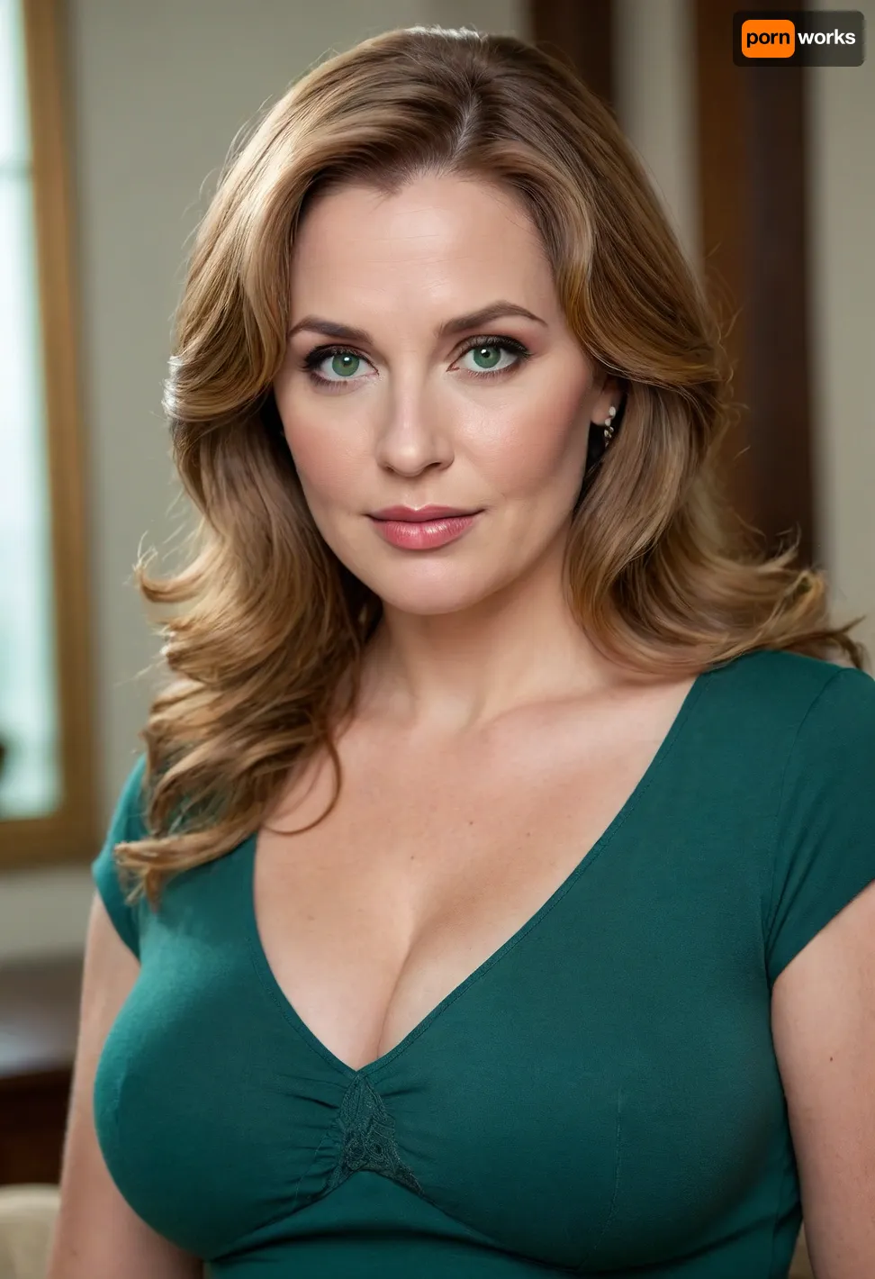 mature woman, 50s, obese build, natural curves, shoulder-length light brown hair, fair warm skin, upper body portrait, deep green v-neck top with cleavage, natural bust, soft mature drop, realistic bosom shape, soft belly contour, oval face, full lips, faint lines, blue-green eyes, flirtatious gaze, textured wall, ornate square panel, photorealistic, 8k, raw photo, detailed skin texture, cinematic lighting, 85mm lens, shallow depth of field