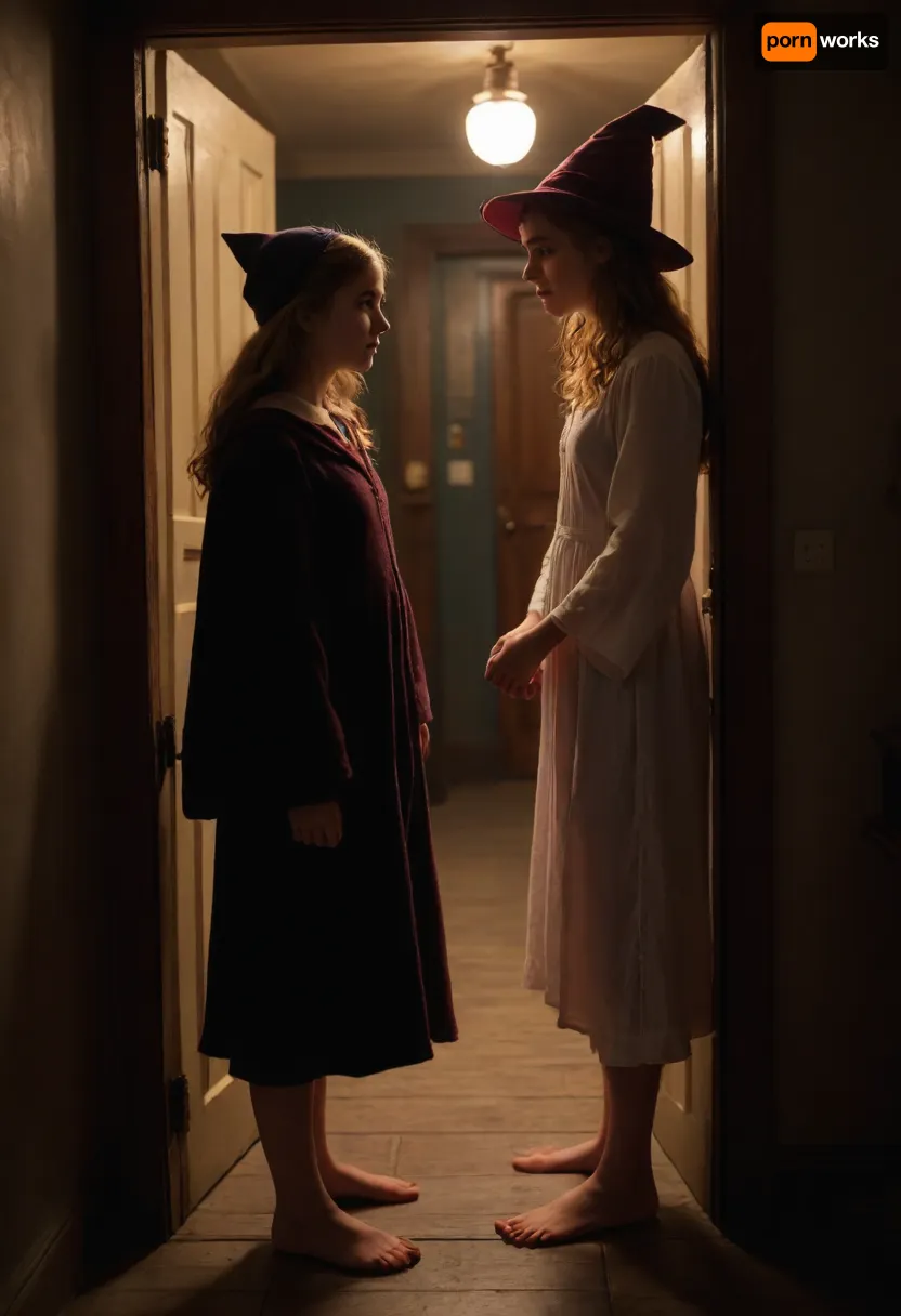 1girl, (Hermione Grainger, short, age 23), and 1boy, (Harry Potter, age 24), facing each other, Hermione is standing in the doorway, wearing a nightgown and a witch hat