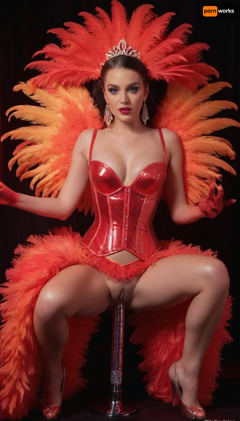 Solo, 1girl, 1girl is Woman is 25yo, 1990 porn star, Ultra-glam Vegas showgirl costume in electrifying red and gold with a high-gloss wetlook finish, glowing under vivid neon lighting. Sculpted corset-style bodice made of radiant lacquered satin, drenched in rhinestones, ruby crystals, sequins, glittering metallic beading, and reflective wet-shine accents that intensify the neon glow. Long flowing angel sleeves of sheer sparkling chiffon with glossy, liquid-like shimmer.

Massive showgirl puffball skirt and feathered backpiece transformed with wetlook coating and iridescent neon edges, layered satin ruffles, jeweled embroidery, and a dramatic crystal-studded train that glows under ultraviolet and neon highlights. Oversized showgirl headdress, towering red-and-gold ostrich plumes with neon tips, rhinestone detailing, and a gem-encrusted crown base emitting soft neon reflections.

Accessories include glossy satin opera gloves with wetlook sheen, huge rhinestone chandelier earrings, neon-reactive gemstone necklaces, glittering bracelets, and jewel-lined performance heels. Added elements, glowing feather plumes, sparkling fringe that flickers with neon bursts, reflective crystal accents, and stage-flare gleam effects. Overall aesthetic, hyper-luminous, futuristic, electrified showgirl glamour—classic Vegas meets neon nightclub fantasy. Shot with dramatic neon stage lights, wet-shine reflections, UV glow, and hyper-detailed textures, 1girl squatting, leaning back, dress pulled up, riding vicious dildo, dildo, sex, toy, vaginal, object, insertion, anal, <lora:dildo-v03-std-e97:1.5>