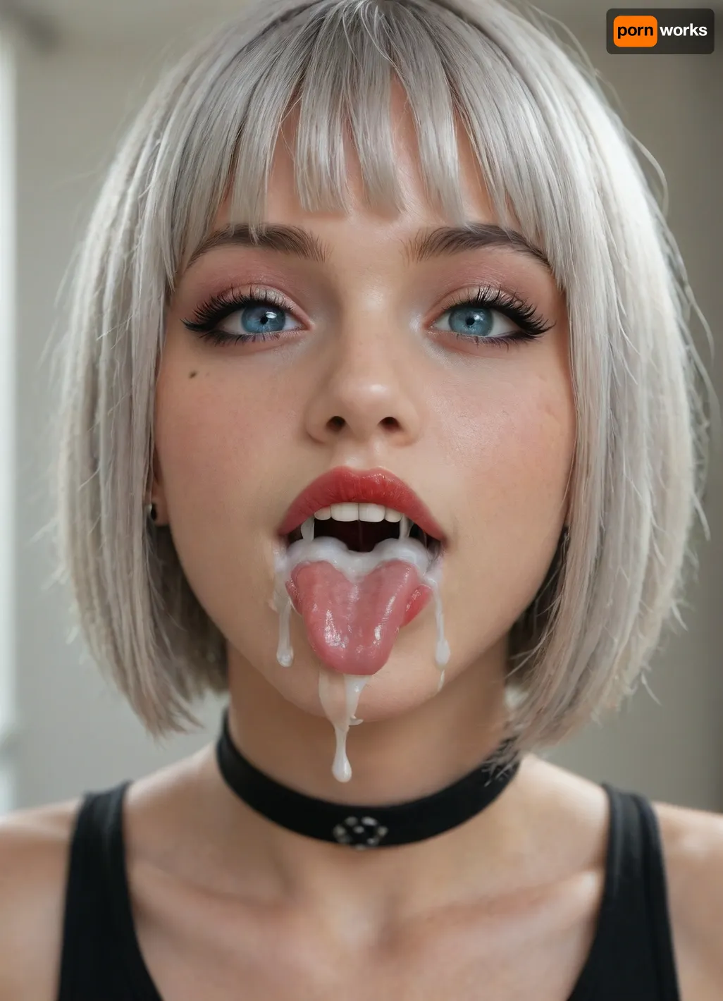 Emo girl, girl 25 years old, silver hair, (bob cut with bangs:1.5), smile, Blue eyes, goth girl, goth makeup, red lipstick, cat eye makeup, long eyelashes, voluminous eyelashes, slightly long tongue, steam mouth, saliva, uvula, close up mouth, focus on mouth, cum on tongue, cum in mouth, cum overflow the mouth, excessive cum filled mouth, excessive cum bubbles in mouth