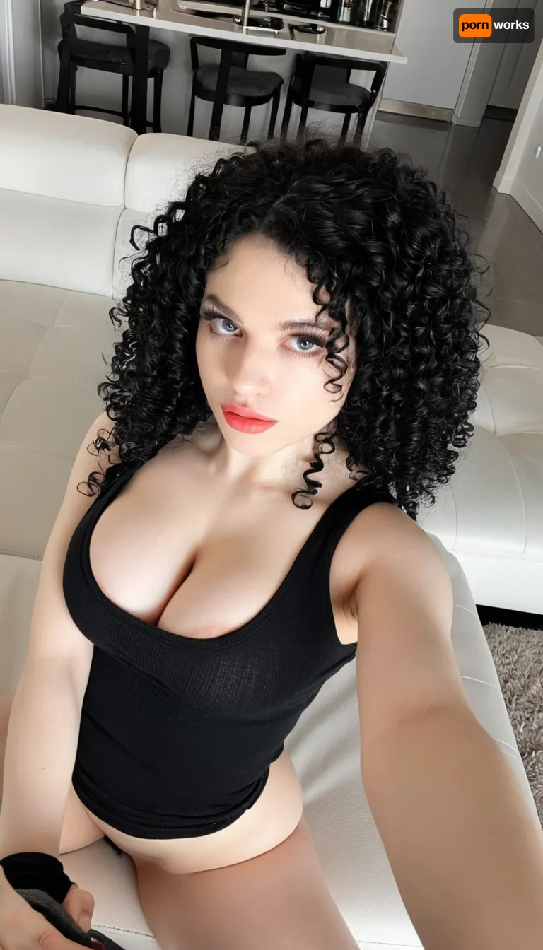 A 23-year-old woman. medium natural tits, Italian, black hair, curly hair, long hair, Beautiful, high view, selfie, photo taken with iPhone, tight black tank top, selfie on a white couch, in a modern house, front camera flash, excessive cleavage