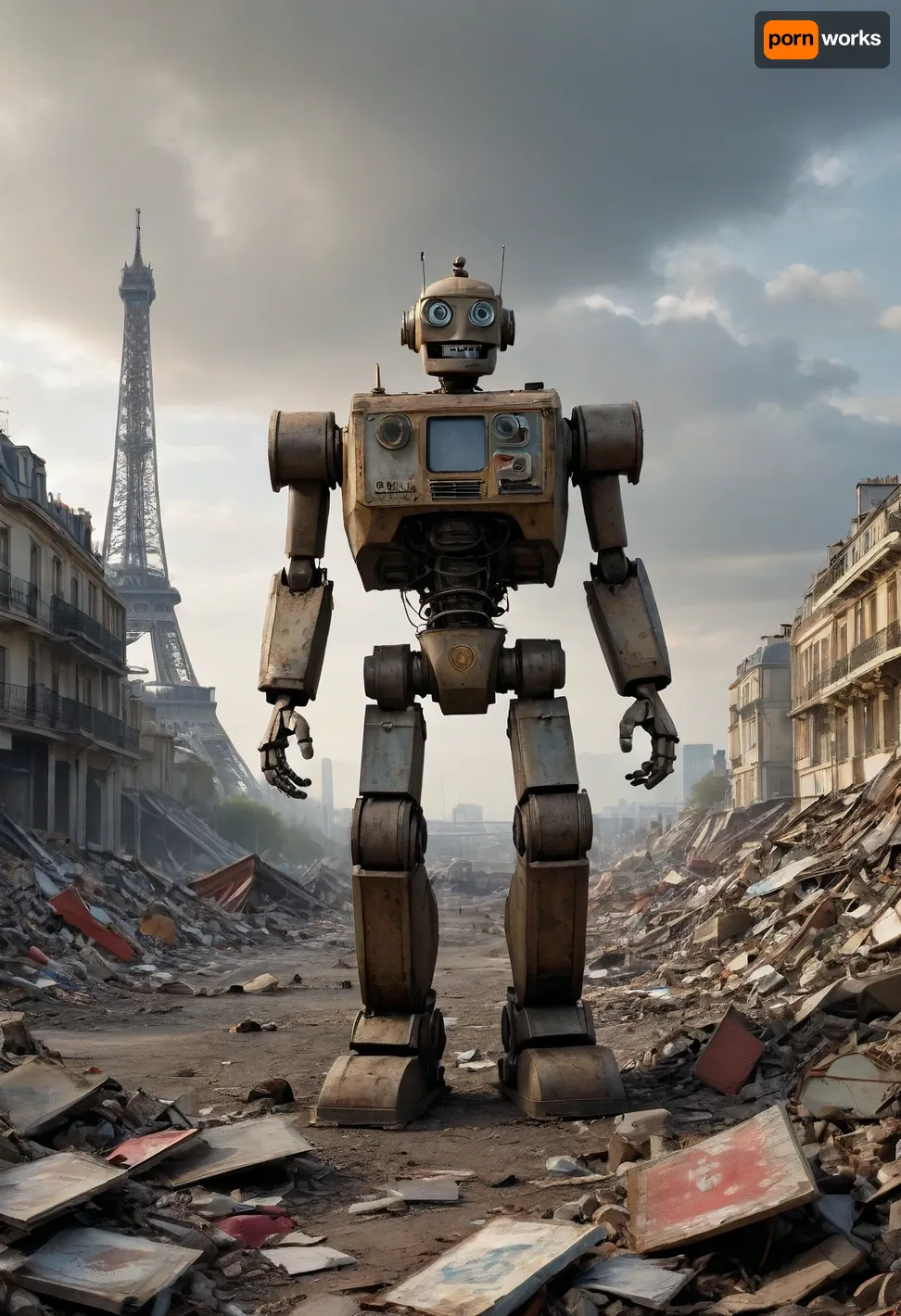 In a dystopian world, amidst towering heaps of debris and discarded metal, a friendly robot stands atop a mountain of refuse. Its metallic frame glints under the dim, polluted sky as it surveys the landscape. As the robot sifts through the debris, it uncovers a large, rectangular traffic sign, its paint chipped and worn. With a burst of joy, the robot proudly lifts the battered sign high above its head, displaying it for all to see. In the background, the single peak of the Eiffel Tower emerges from the layers of metal and waste, a silent testament to a once-vibrant Paris now buried beneath the debris. The scene is a poignant blend of resilience and decay, as the robot stands firm amidst the forgotten landscape.