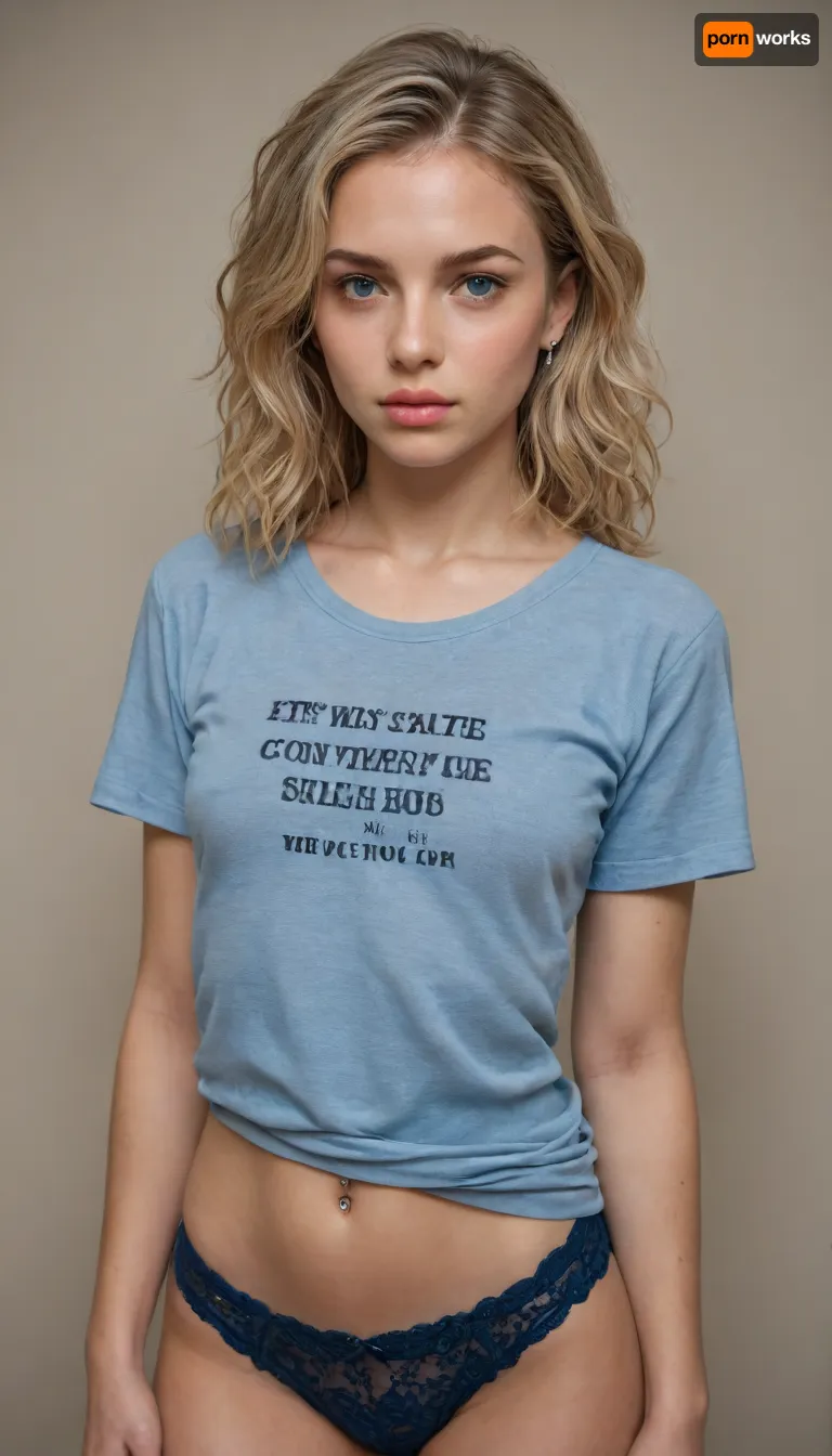 A 20-year-old blonde girl with small breasts wearing a blue short T-shirt with a belly button piercing and blue lace panties