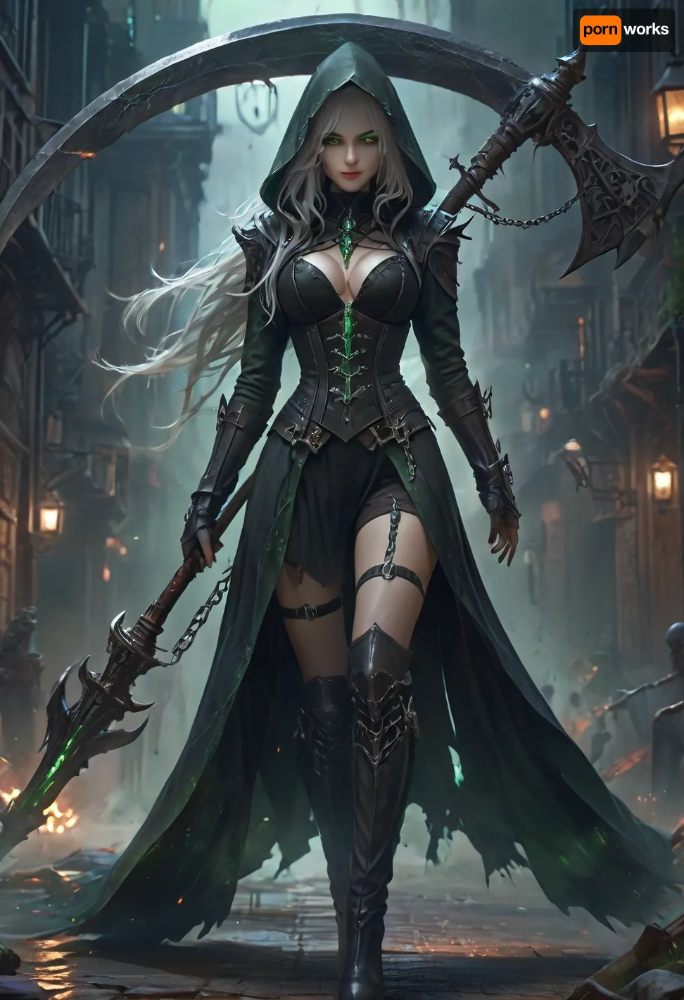 Dark nun, sexy, slender, fair skin, glowing green aura, glowing eyes, dark hood, long white hair, cleavage, big belt, elaborated leather corset, high-cut panties, thigh gap, long tunic, thigh-high boots, garter belts, thigh belts, richly decorated outfit, detailed clothes, holding big scythe, chains on scythe, walking, <lora:Dark Nun (Pony):.8>, XUER, Dark, girl, holding, scythe, <lora:绪儿 暗黑少女 XUER Dark girl:.8>, dark, aura, <lora:Dark_Aura_XL_-_Filled_with_miasma:.8>, <lora:detailed_notrigger:.8>