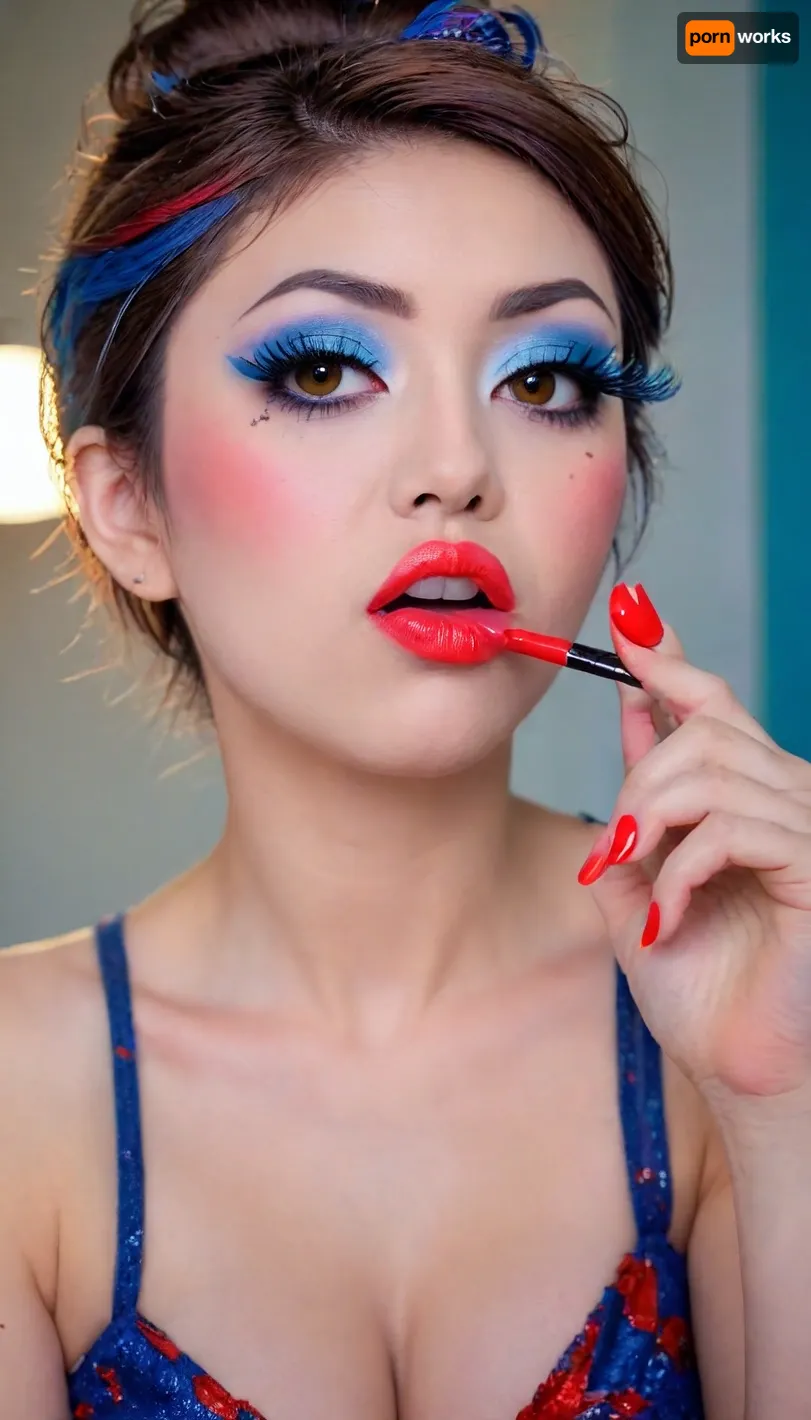 The image shows a yo girl, (Japanese:1.7), The style of the 50th She is wearing a sleeveless grey dress with decorative nipple cutouts., (bright lighting:1.2), beautiful detailed eyes, extremely detailed face, perfect lighting, best quality, steel pipe indide pussy, solo, ((anus)), She has long, wavy brown hair and is smiling while applying red lipstick. She holds a red lipstick in one hand and a compact mirror in the other, which is partially open. Red sunglasses rest on top of her head, and she has pinky-red nail polish, matching her lipstick. The background is plain and light-colored, emphasizing her as the focal point., ((makeup:1.5), long blue eyelashes with eyeliner:1.2), (big lips:1.3), (purple pussy:1.1), ruined, makeup, green, eyes, blue, brown, perfecteyes, <lora:ruined1:1.6>, <lora:PerfectEyesXL:.8>