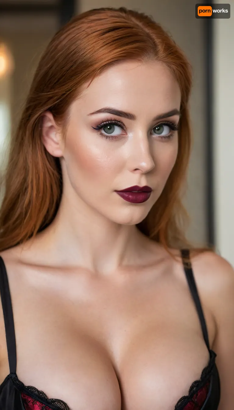 ziprealism, (30yo, intimate sensual esthetic, artistic study of feminine allure, offset composition), (seductive sensual expression, sensual eye contact, confident seductive smirk, confident pose:1.2), (f/2.8, shallow depth of field, subtle bokeh), (closeup, high angle view, view from side, shot in profile, focus on cleavage:1.8), (silky deep ginger hair with dark roots, straightened long hair, hair obscuring face, dark full eyebrows:1.4), (athletic body, sexy shelf top corset:1.4), (soft pillowed lips, moist lips, vibrant red lipstick:1.2), (natural skin texture, long thick eyelashes:1.2), (cozy bedroom), (large teardrop breasts, soft breasts, slender waist 1.4), (strong defined jawline, large expressive eyes, catchlights)