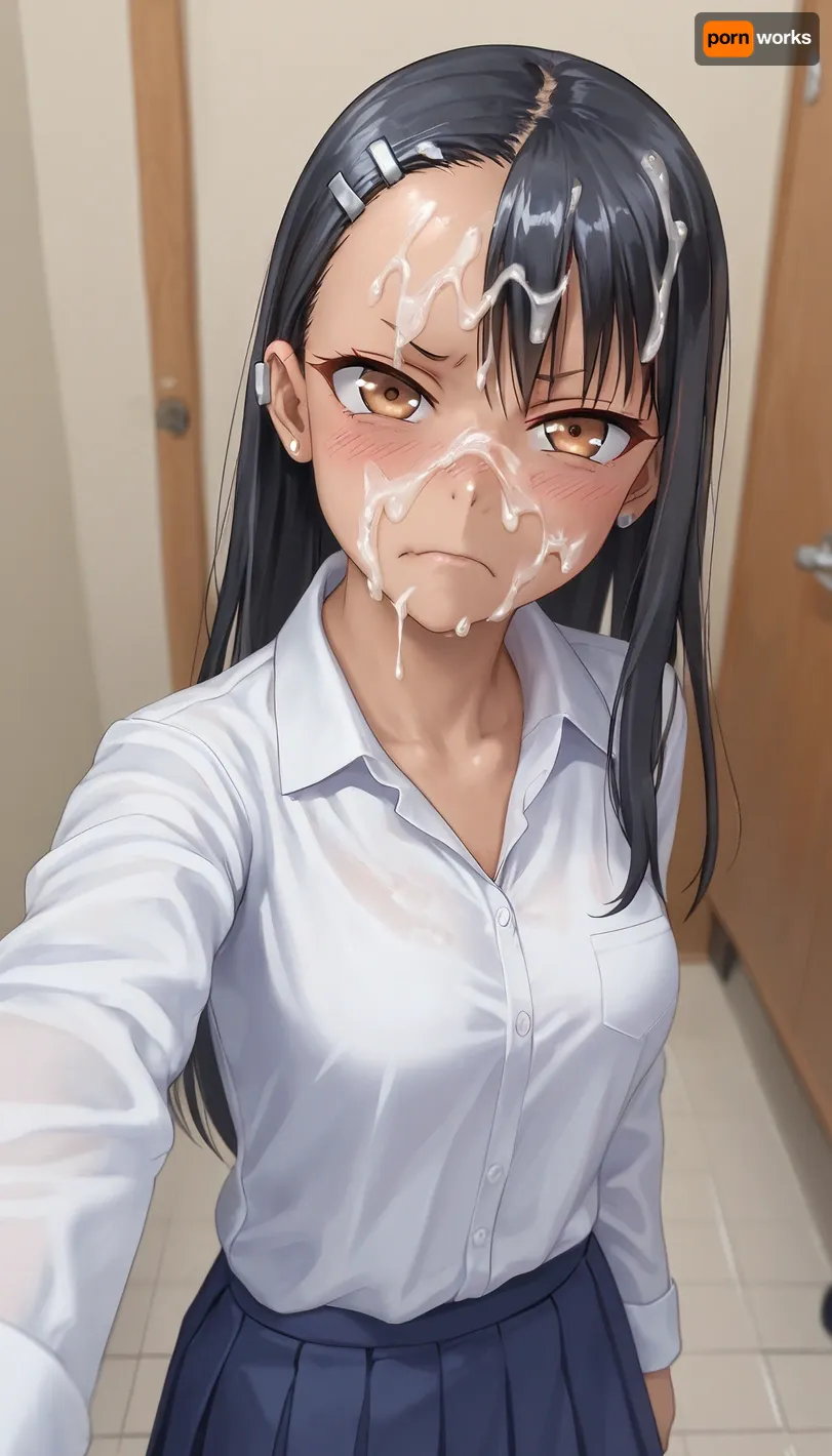 Hayase Nagatoro, Look a viewer, frown, face covered cum, cum on face, facial cum, angry expression, walking, school corridor, Model, white collared shirt, selfie