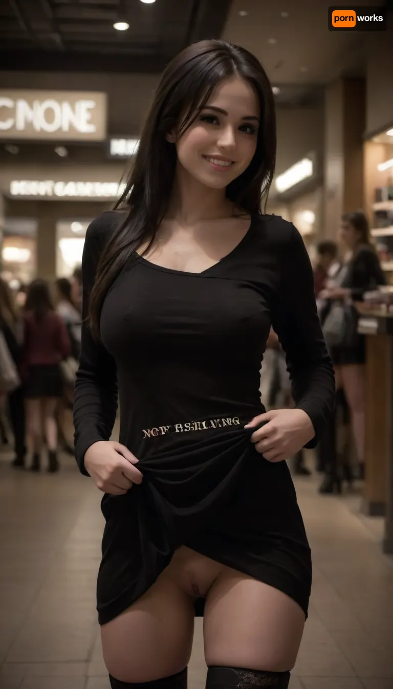 high boots up to mid-thigh, attractive Czech woman in her 20s, in a crowded shopping mall, slim, muscular legs, athletic body, ((one breast out:1.4)), walking, clothes pulled down, long black hair, loose partial ponytail, looking away, confident smile, ((microdress with single long sleeve with the writing "not showing the other tit":1.3)), purse, shopping bags, flat sandals, logo, text, sign, that, says, the, word, skirtlift, one, breast, out, hhpointedboots, boots, <lora:texta:.5>, <lora:dark:.5>, <lora:skirtlift_xl:1.3>, <lora:one breast out XL:.8>, <lora:hhpointedboots:1.9>