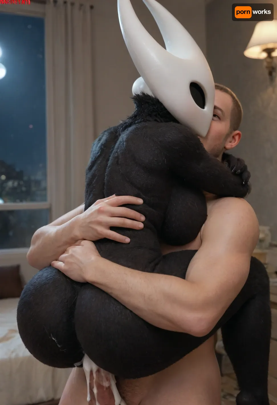 ((hornet from hollow knight, black body:1.2)), 5 fingers, anthrofied, big breasts, Big ass, Big thighs, (((furry art, furry woman))), breasts, hotel, night, claws, female, finger claws, fingers, ((carry sex, human male, male love, faceless male, back view, cum overflow, leg lock)), looking at viewer, <lora:add-detail-xl:1.6>