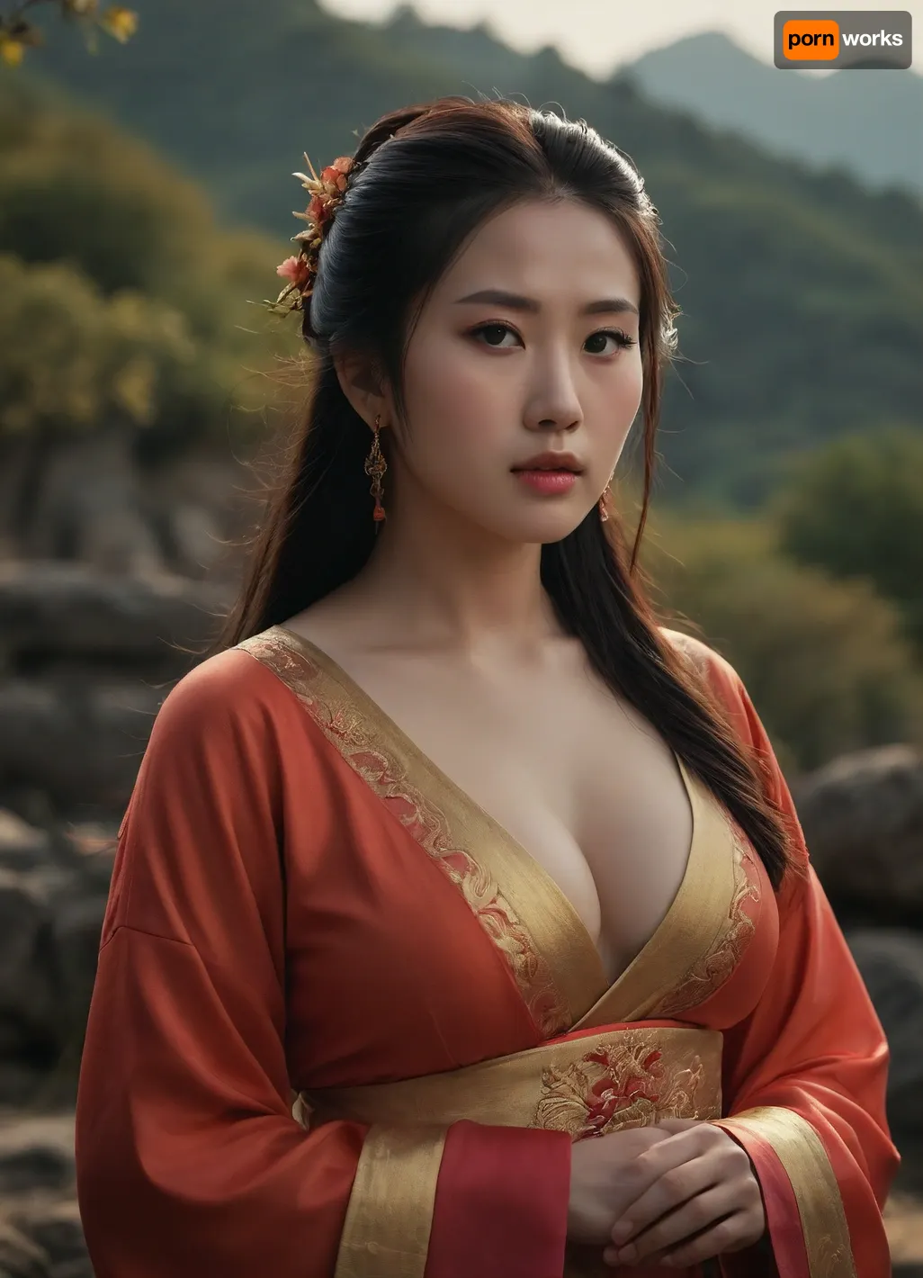 Yang Guifei, busty, outdoors, photorealistic, best quality, masterpiece