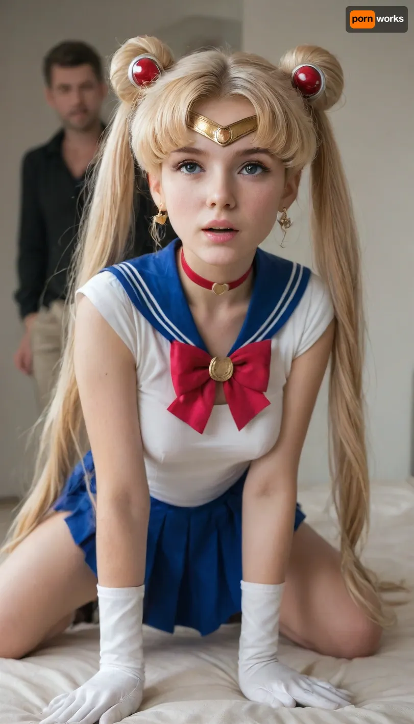 18 years blond girl in livingroom, Cosplay Sailor moon. On all fours, moon_a_xl, double, bun, twintails, long, twin, tails, blonde, parted, bangs, circlet, jewelry, earrings, choker, sailor, senshi, uniform, red, bow, white, gloves, elbow, blue, skirt, <lora:セーラームーン Sailor Moon  (Pretty Soldier Sailor Moon)_XL:.8>, <lora:kenziereeves_SDXL:.8>, flashing tits, orgasmic face, daddy fuck her Doggystyle, most orgasmic face