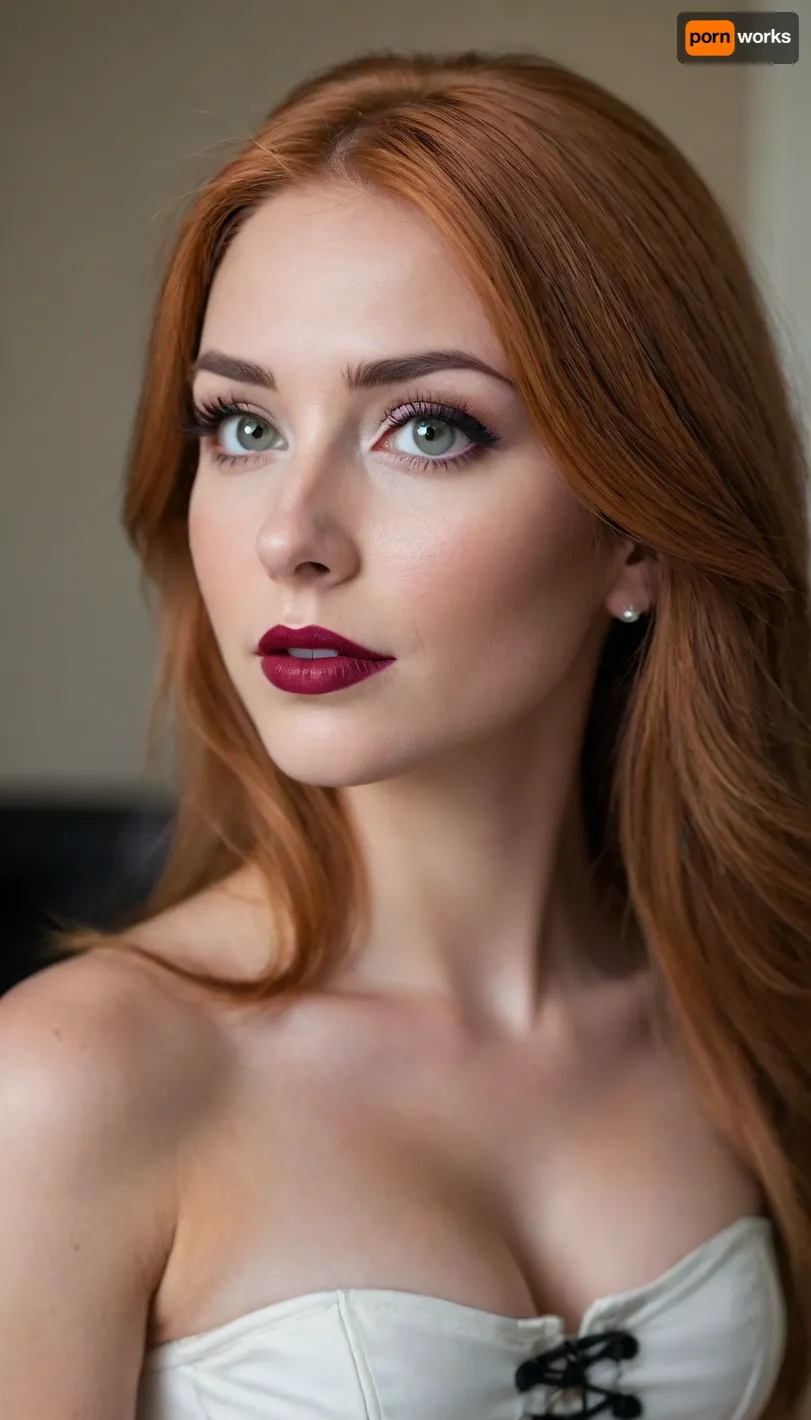 ziprealism, (24yo, intimate sensual esthetic, artistic study of feminine allure, offset composition), (seductive sensual expression, sensual eye contact, soft bashful smile, self-conscious pose:1.2), (f/2.8, shallow depth of field, subtle bokeh), (closeup, high angle view, view from side, shot in profile, focus on eyes:1.8), (satiny rich aubrun-ginger hair with dark roots, straightened long hair, luxurious hair obscuring face, dark full eyebrows:1.4), (athletic body, sexy shelf top corset:1.4), (full lips, soft pillowy lips, moist lips, vibrant red lipstick:1.2), (natural skin texture, porcelain skin, long thick eyelashes, delicate innocent facial features, large expressive doe eyes:1.2), (cozy bedroom), (large teardrop breasts, soft breasts, slender waist:1.4), (strong defined jawline, large expressive eyes, catchlights)
