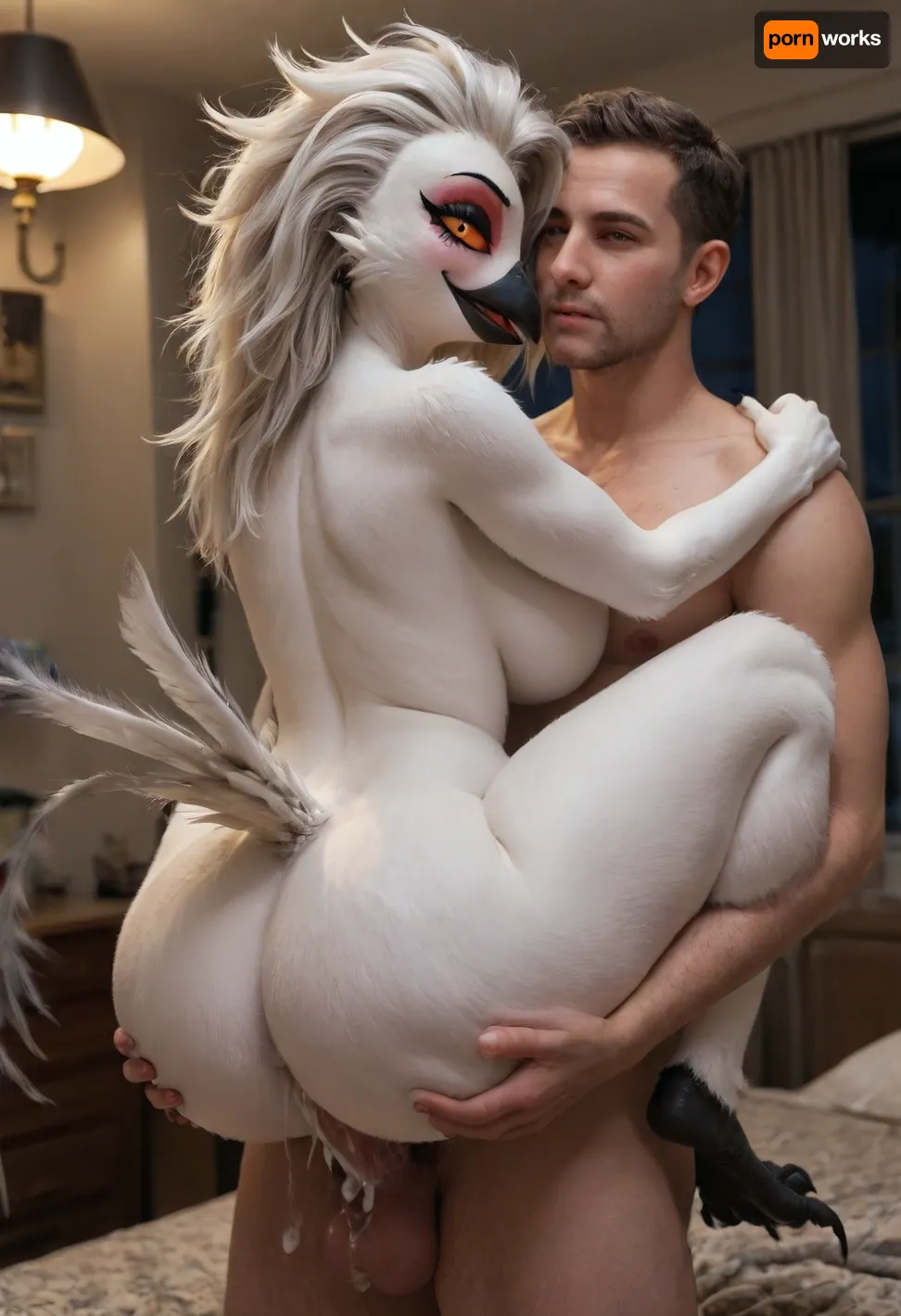 ((stella from helluva boss, avian body:1.2)), 5 fingers, anthrofied, big breasts, Big ass, Big thighs, (((furry art, anthro woman))), breasts, hotel, night, claws, female, finger claws, fingers, ((carry sex, human male, male love, faceless male, back view, cum overflow, leg lock)), looking at viewer, <lora:add-detail-xl:1.6>