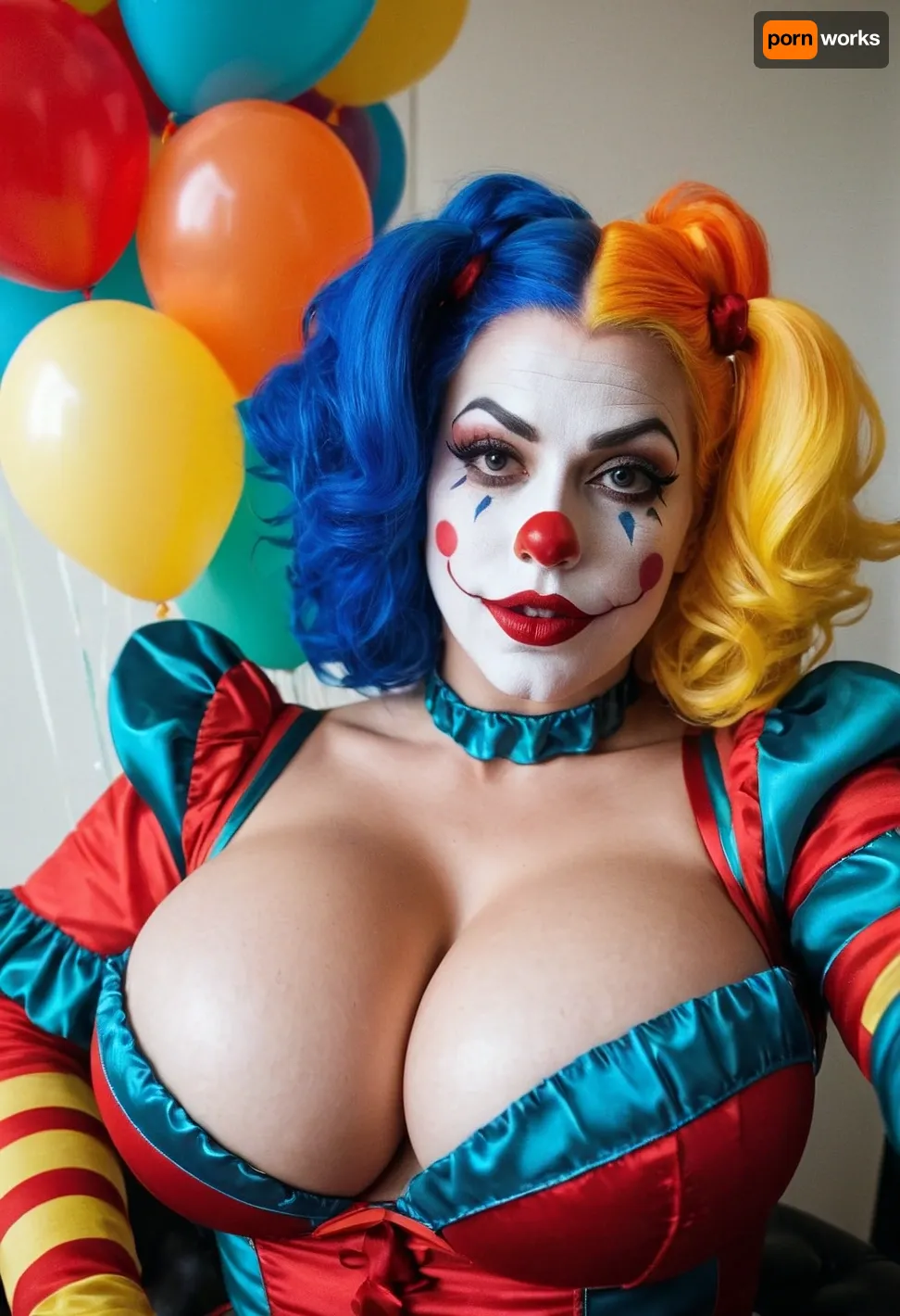 Hot milf, birthday clown titfucking hot woman, red lipstick, big boobs, big thighs, titfucking a man, man wearing colorful Clow outfit, (male clown POV), colorful balloons, birthday party, igbaddie, tvclown, harleyquinn