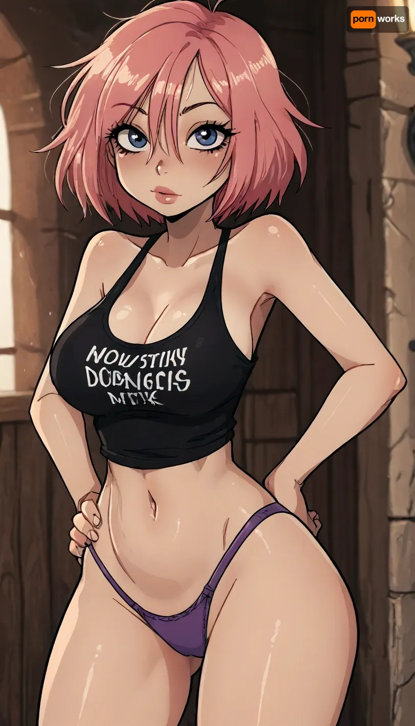 (Jack cayless and markgavatino style), solo, milf, pink hair, (at doorframe), bimbo body, wearing black tank top, and purple panties, hands on hips, flirty, high contrast, (dramatic lighting:1), ratatatat74, <lora:LCMTurboMix_Euler_A_fix:1.1>, <lora:EnvyBeautyXL02:1.9>, <lora:ratatatat74-000050:1.5>, <lora:mk_Bp Anime_xl:1.7>, <lora:hentai_anime_style_xl_v1:1.8>