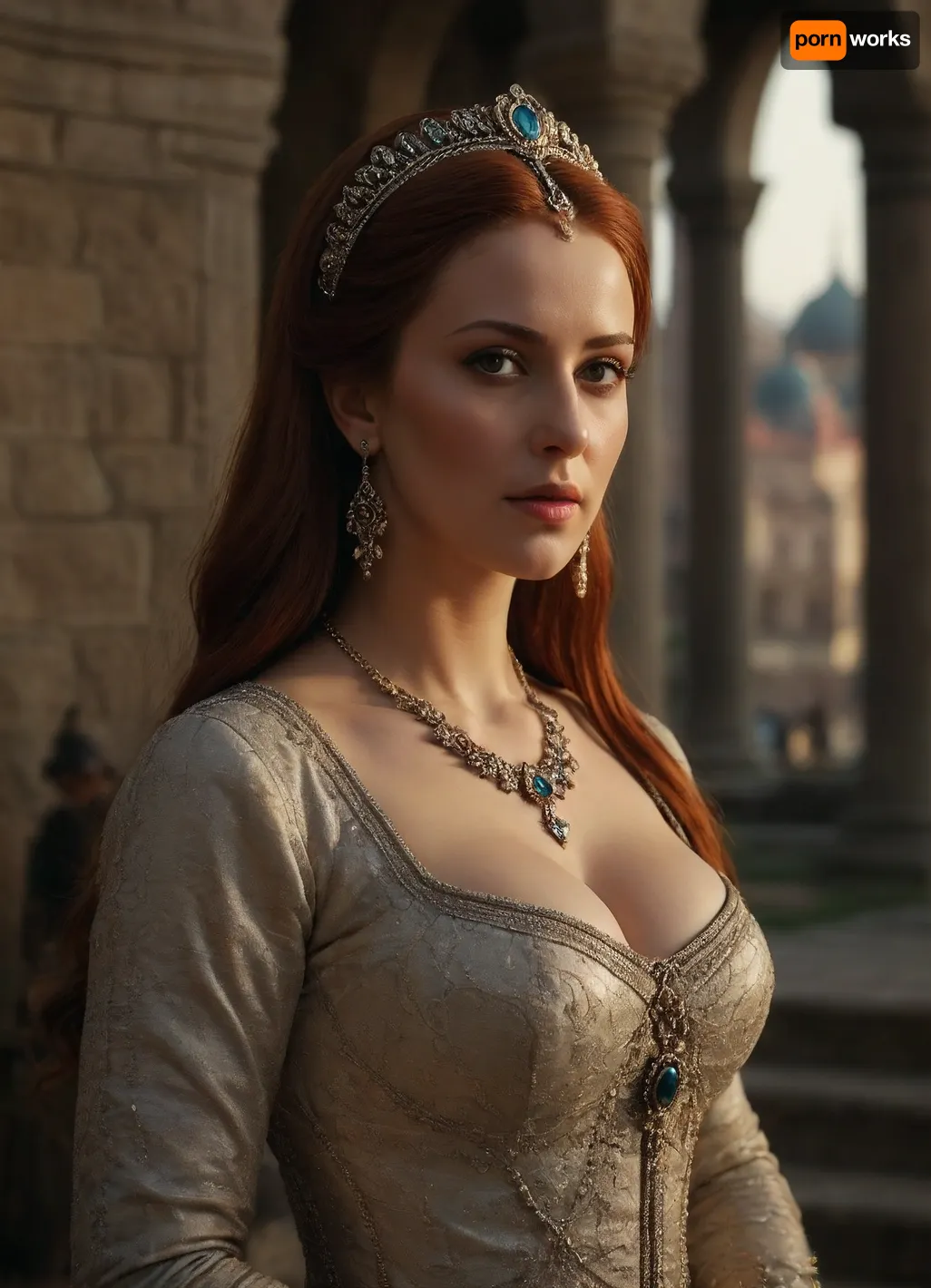 Hurrem Sultan, busty, outdoors, photorealistic, best quality, masterpiece