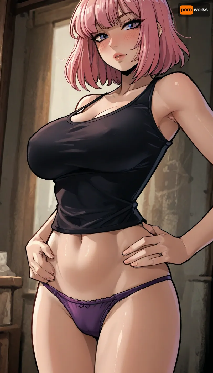 (Reiq meet markgavatino style), innv style, Milf, pink hair, (at doorframe), bimbo body, wearing black tank top off at a shoulder, and purple panties, hands on hips, flirty, (intense blushing), high contrast, (dramatic lighting:1), ratatatat74, <lora:LCMTurboMix_Euler_A_fix:1.1>, <lora:EnvyBeautyXL02:1.9>, <lora:ratatatat74-000050:1.5>, <lora:mk_Bp Anime_xl:1.7>, <lora:hentai_anime_style_xl_v1:1.8>