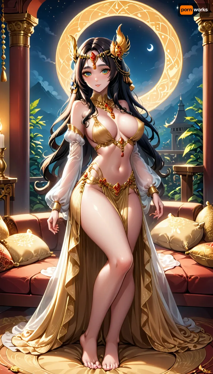 A full-length photograph of Arabia at night, a cozy room in a palace, furnished with oriental luxury, filled with soft candlelight, where a beautiful young oriental woman, Scheherazade, dressed in a very revealing oriental costume, lies on a sofa among pillows. Her long, flowing hair sparkles in the moonlight, and her eyes are full of wisdom and mystery. Her lush, beautiful breasts are almost completely exposed. Candlelight shadows dance around her, and a full moon is visible outside the Arabian-style window. This is a stunning work of art that conveys an atmosphere of mystery, romance, and the power of the feminine spirit., <lora:Dever_Flux_Enhancer:.8>, detailed, style, <lora:detailed style v1.5:.8>