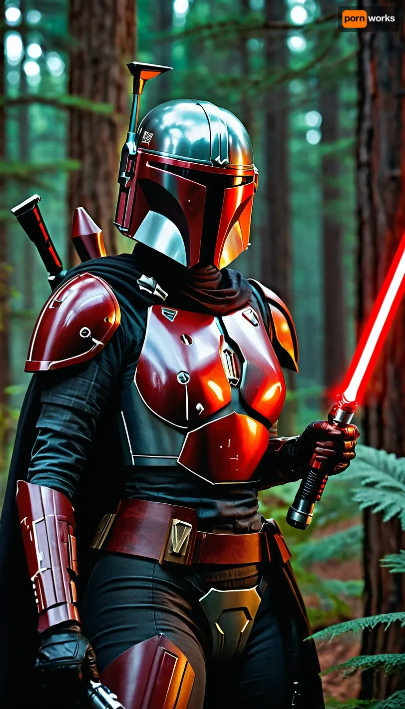 A female mandalorian, sleek revealing black armor with red details, bare skin, forest planet with space ship in the back round, wielding a red lightsaber, d&d, fantasy, highly detailed, digital painting, artstation, sharp focus, fantasy art, illustration, 8k, in the style of greg rutkowski. It's an absolute world-class masterpiece artwork. It's an aesthetically pleasing artwork with impeccable attention to detail and impressive composition.