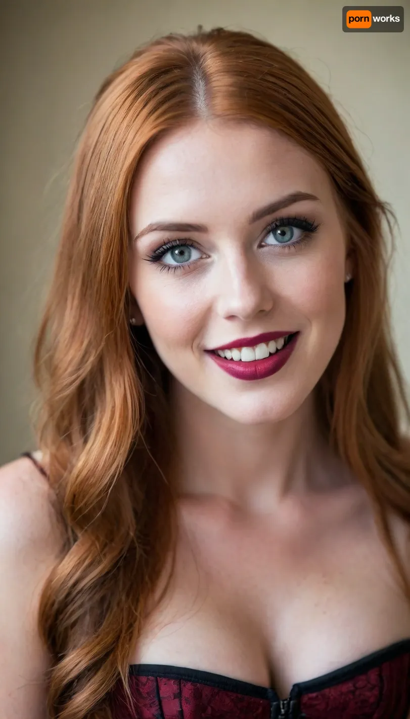 ziprealism, (24yo, intimate sensual esthetic, artistic study of feminine allure, eccentric framing, Dutch Angle), (shy hopeful eye contact, soft bashful laugh, demure self-conscious pose, hand raised in hair:1.4), (f/2.8, shallow depth of field, subtle bokeh), (closeup, high angle view, view from side, shot in profile, focus on eyes:1.8), (satiny rich aubrun-ginger hair with dark roots, straightened long hair, luxurious hair obscuring face, dark full eyebrows:1.4), (athletic body, sexy shelf top corset:1.4), (full lips, soft pillowy lips, moist lips, vibrant red lipstick:1.2), (natural skin texture, porcelain skin, long thick eyelashes, delicate innocent facial features, large expressive doe eyes:1.2), (cozy bedroom), (natural breasts, soft breasts, slender waist:1.2), (strong defined jawline, large expressive eyes, catchlights)