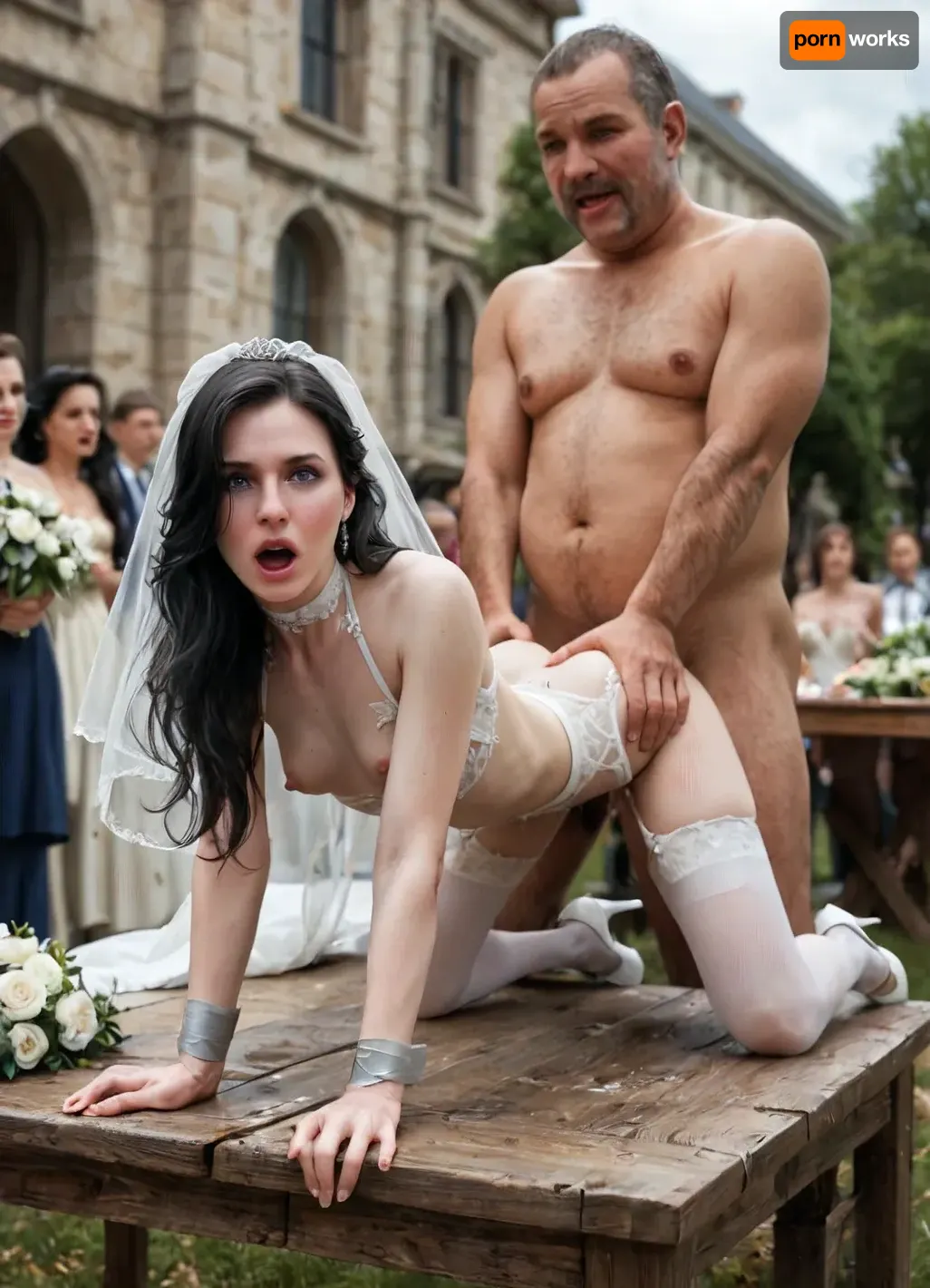 (Yennefer), college woman, ((young woman:1.7), (youthful face:1.3), (petite:1.3), short, slim, slender), (tiny breasts), at wedding party, conservative white wedding dress, garter belt and sheer white stockings, white high heels, (hands tied with duct tape:1.3), wedding bouquet, surprised, open mouth, (bend over table), (anal fucked by old dirty homeless man), huge cock, (3rd person), anal sex, (doggy style anal sex), rough anal sex, very deep anal penetration, hard fucking, outdoors, wedding guests watching, crowd, late afternoon, (torn and ripped clothes), detailed face, detailed hair, detailed body, detailed skin, detailed breasts, detailed very tight hairy pussy, (High, Resolution), (More, Details), (8K)