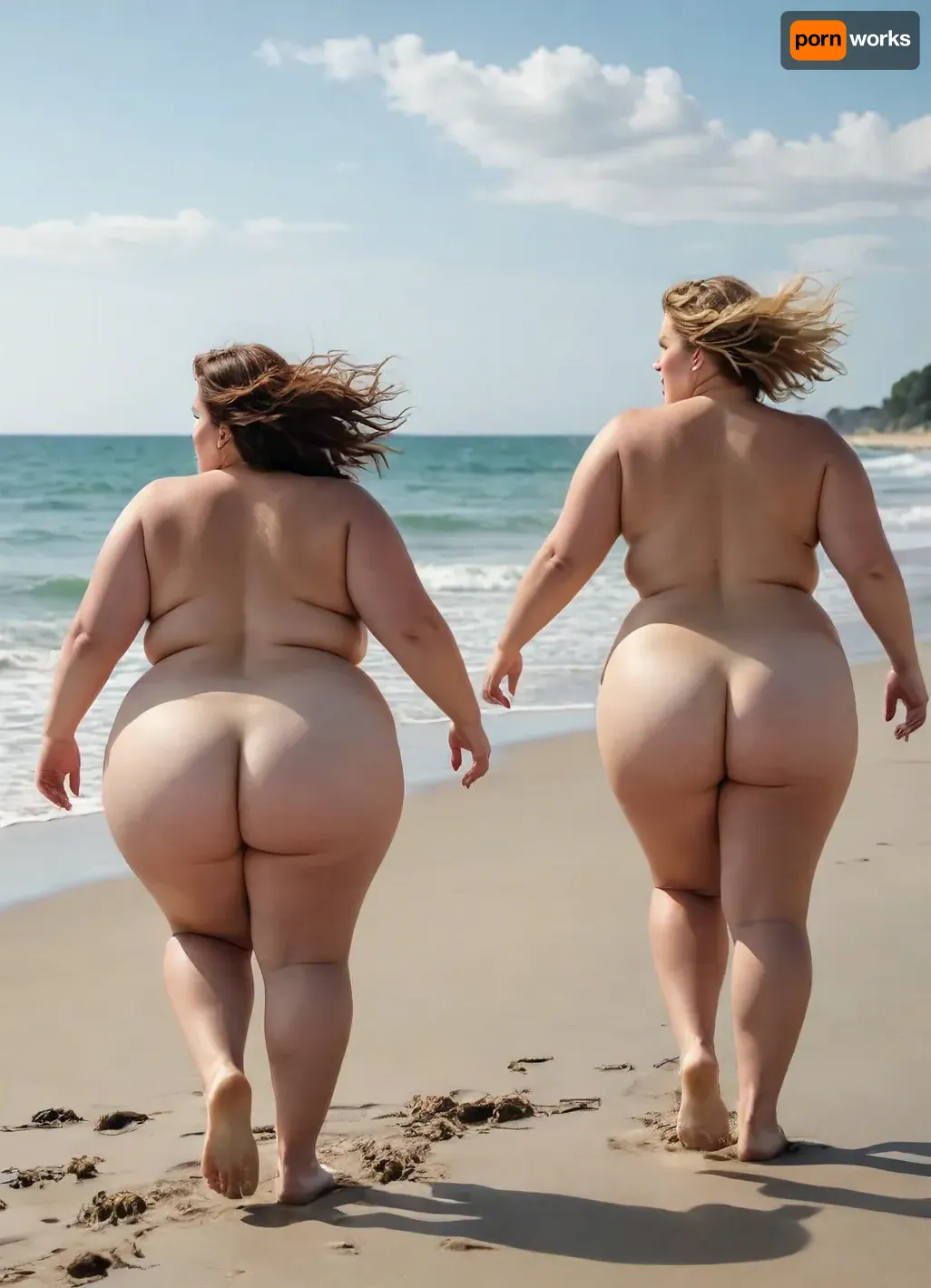 two busty plus size white woman running topless on the beach photo realistic, view from behind