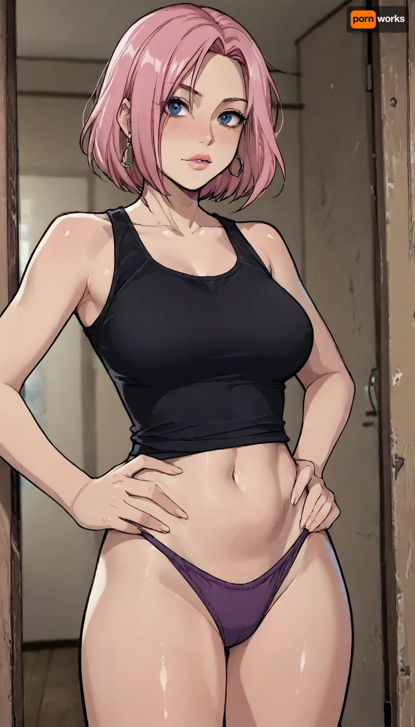 ((Melkor mancin meet markgavatino style)), reiq style, Solo, Milf, pink hair, (at doorframe), bimbo body, wearing black tank top, and purple panties, hands on hips, flirty, (intense blushing), ratatatat74, <lora:LCMTurboMix_Euler_A_fix:1.1>, <lora:EnvyBeautyXL02:1.9>, <lora:ratatatat74-000050:1.5>, <lora:mk_Bp Anime_xl:1.7>, <lora:viola:1.3>