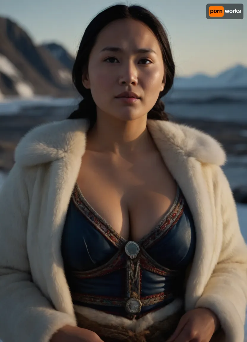 Extremely beautiful Inuit woman, 1850, busty, deep cleavage, outdoors, photorealistic, best quality, masterpiece