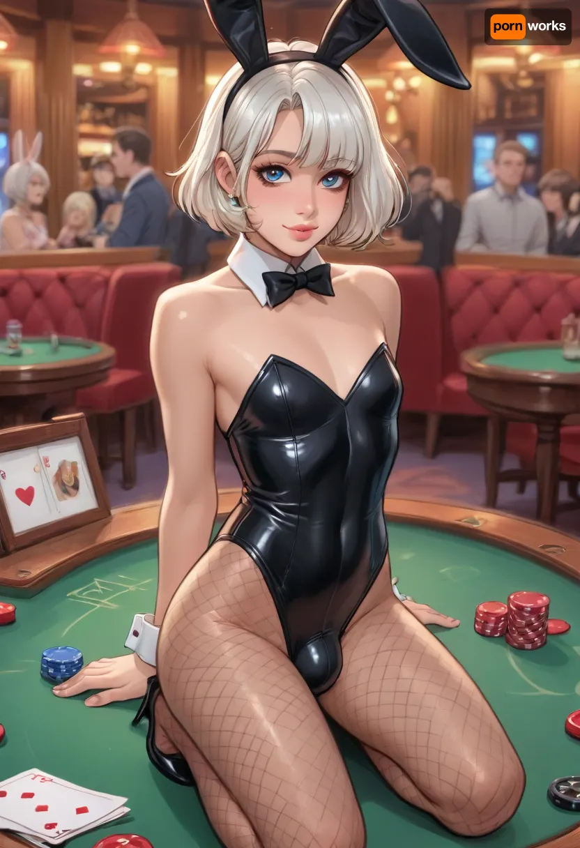 solo, femboy, futa, white hair, short hair cut, (limp penis bulge:1.3), (flat chested:1.2), bunny suit, (shiny black leotard, bunny ears, fishnet stockings), kneeling seiza style, shy smile, casino babackground, black Jack, casino roulette, on casino table, (reiq style, in artstyle of Melkor Mancin), score_9, score_8_up, score_7_up, <lora:cartoon_stickers_xl_v1:.8>, <lora:ratatatat74-000050:1.3>