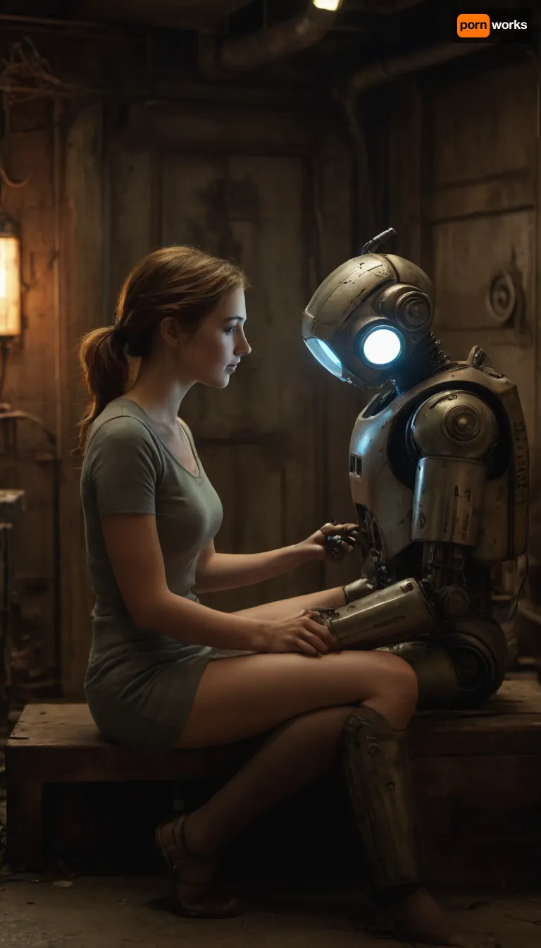 Imagine a futuristic, slightly gritty world where technology and urban decay coexist. In this setting, a charming and adorable robot, with a slightly worn and rugged appearance, is gently massaging a woman. The woman, relaxed and at ease, is seated in a cozy, secret corner of this urban space. The robot’s movements are tender and precise, adding a warm touch to the otherwise industrial environment. The scene is a mix of futuristic tech and a touch of warmth, blending the mechanical and the human in a unique, heartwarming way.