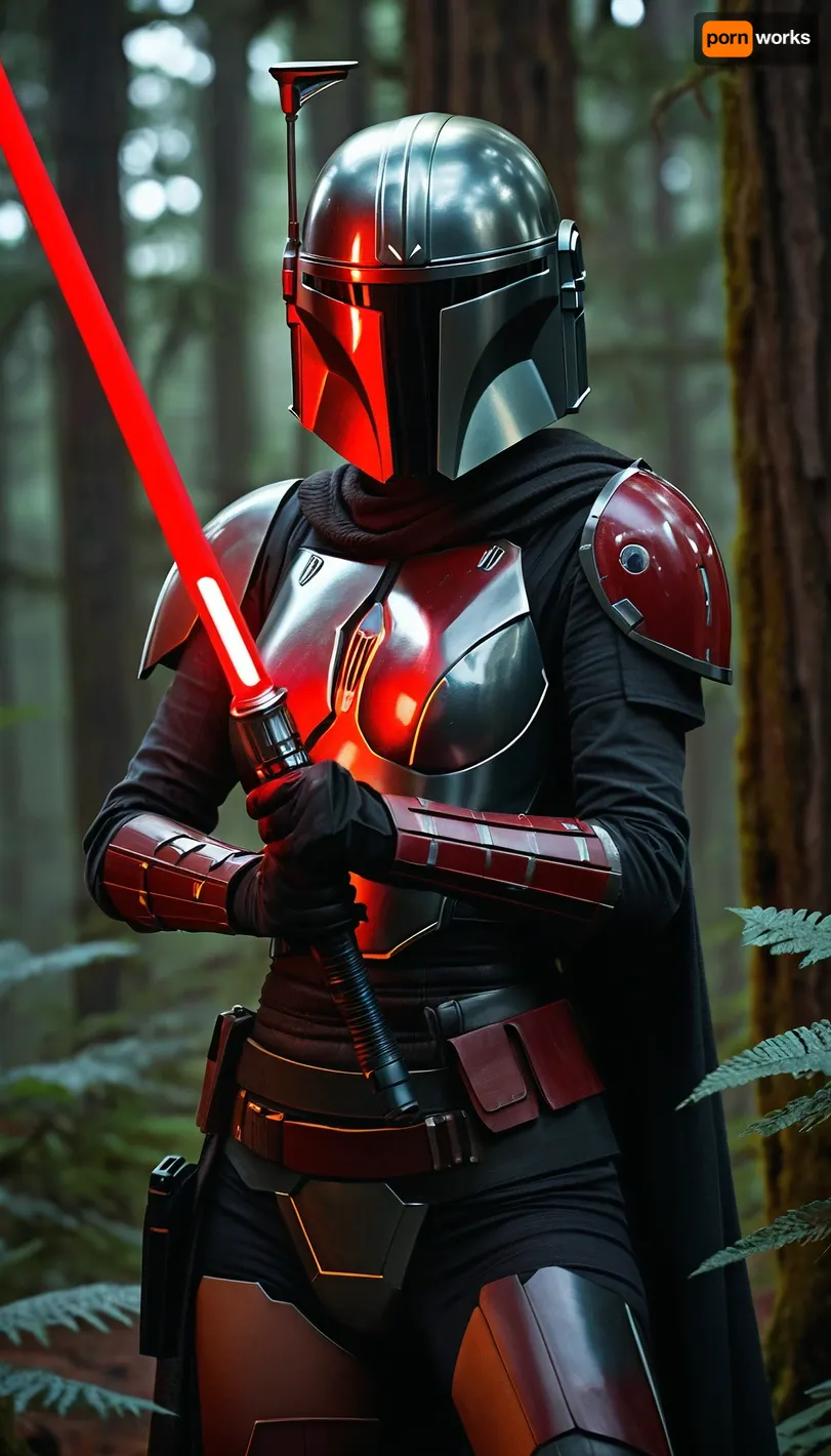 A female mandalorian, sleek revealing black armor with red details, bare skin, forest planet with space ship in the back round, wielding a red lightsaber, d&d, fantasy, highly detailed, digital painting, artstation, sharp focus, fantasy art, illustration, 8k, in the style of greg rutkowski. It's an absolute world-class masterpiece artwork. It's an aesthetically pleasing artwork with impeccable attention to detail and impressive composition.