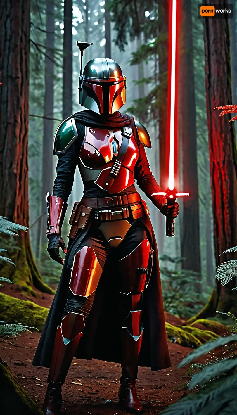 A female mandalorian, sleek revealing black armor with red details, bare skin, forest planet with space ship in the back round, wielding a red lightsaber, d&d, fantasy, highly detailed, digital painting, artstation, sharp focus, fantasy art, illustration, 8k, in the style of greg rutkowski. It's an absolute world-class masterpiece artwork. It's an aesthetically pleasing artwork with impeccable attention to detail and impressive composition.