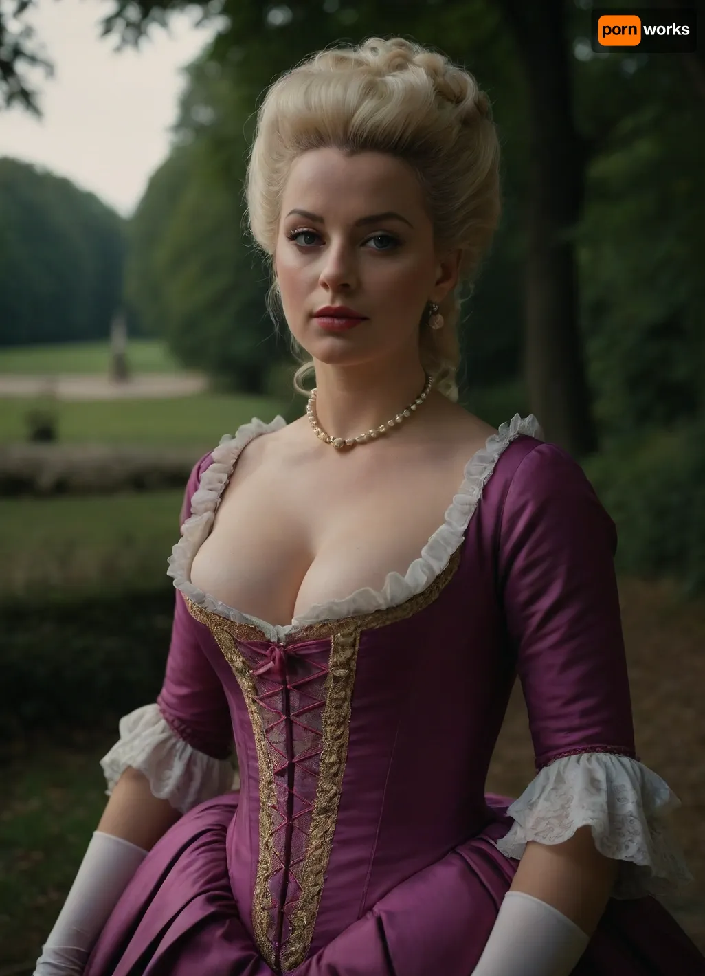 Marie Antoinette, busty, outdoors, photorealistic, best quality, masterpiece